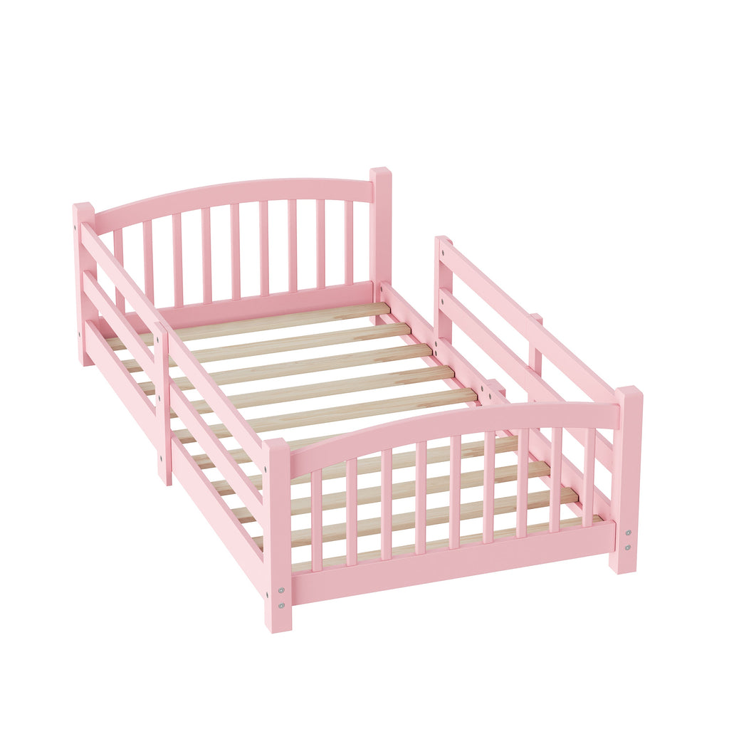 Twin Montessori Floor Bed with Slats and Safety Guardrails, Solid Wood Floor Bed with Fence and Without Door, Easy Assemble Montessori Bed for Girls and Boys, Gray