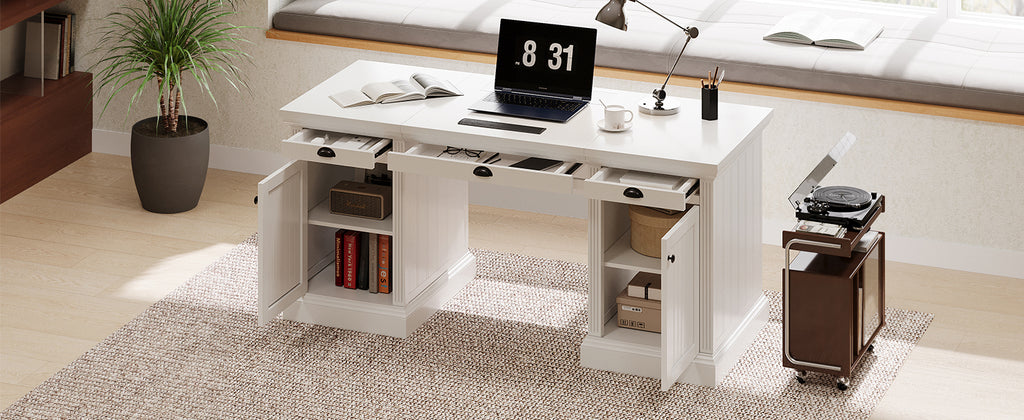 White executive desk in home office setting