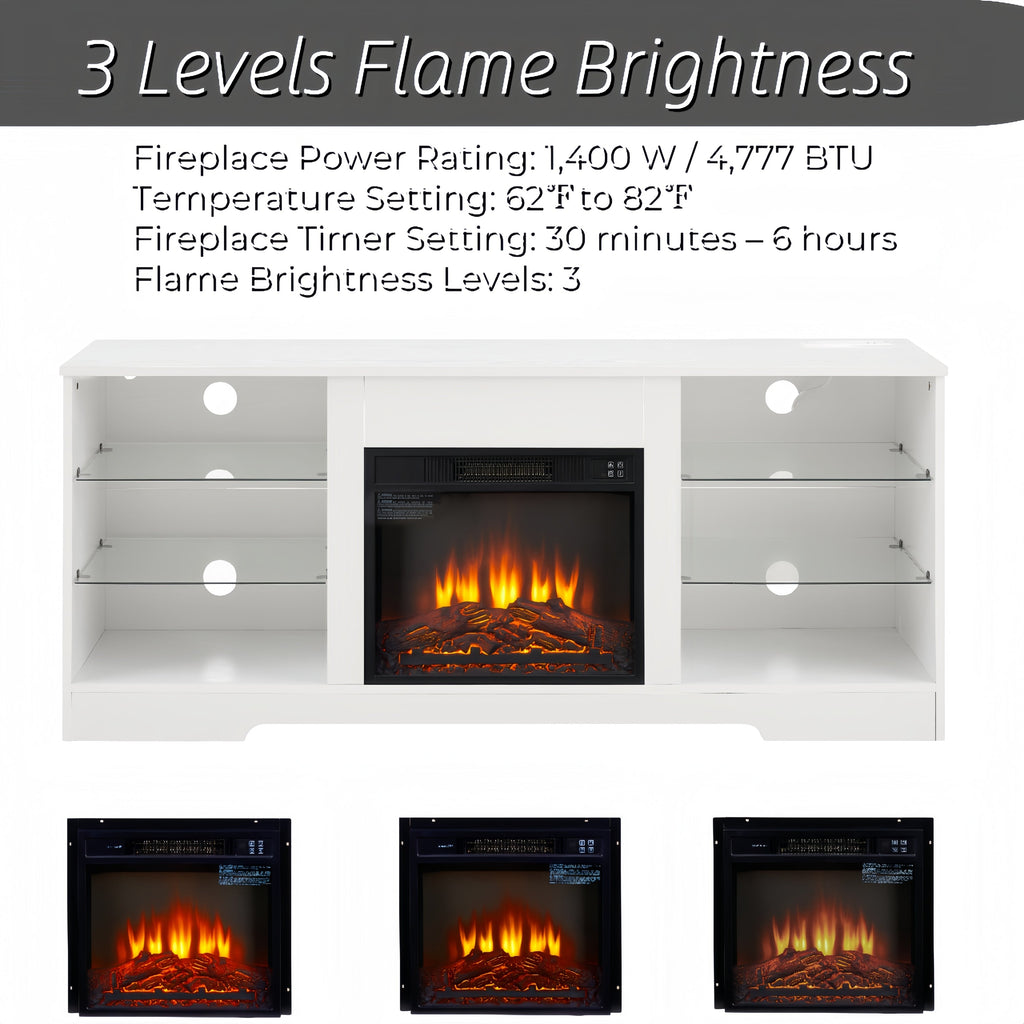 TV Stand with Electric Fireplace — Glass Shelves & USB Outlets for TVs Up to 62"
