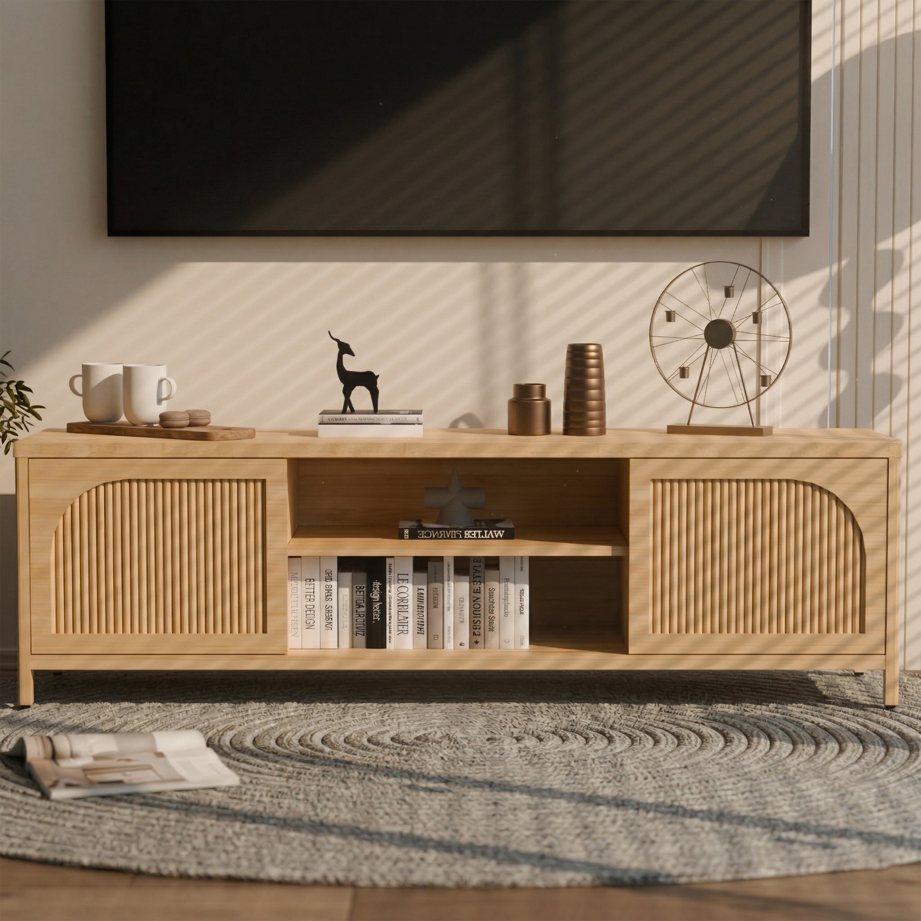 Natural bamboo TV stand storage cabinet — front view