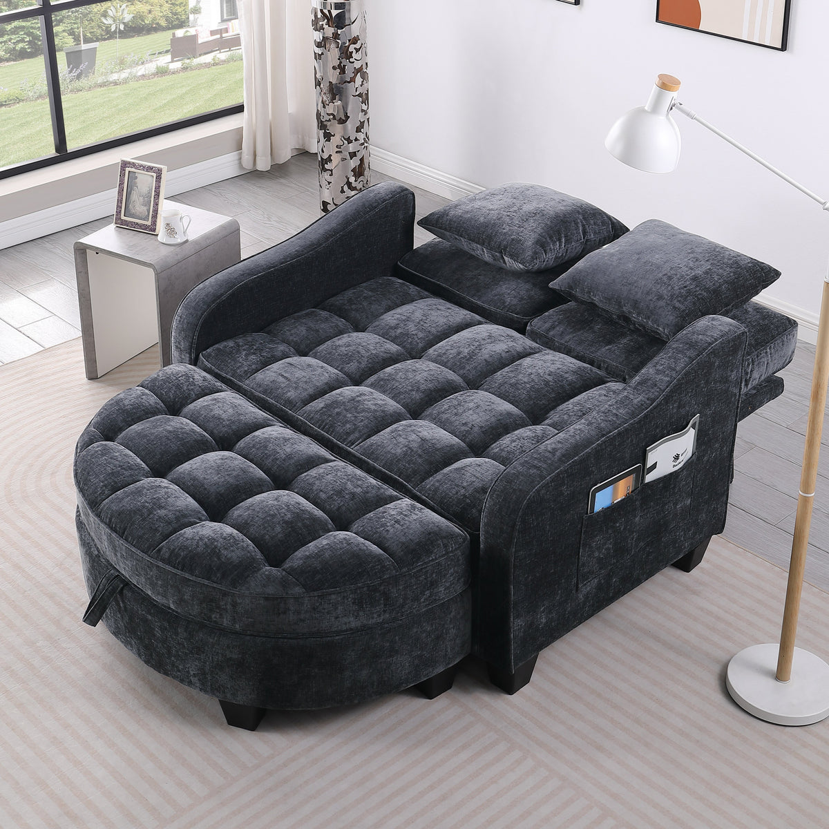 Two-seater sofa, double sofa chaise longue, with irregular armrests and backrests, footrest with storage space, comes with two small throw pillows, suitable for living room and bedroom -Blue