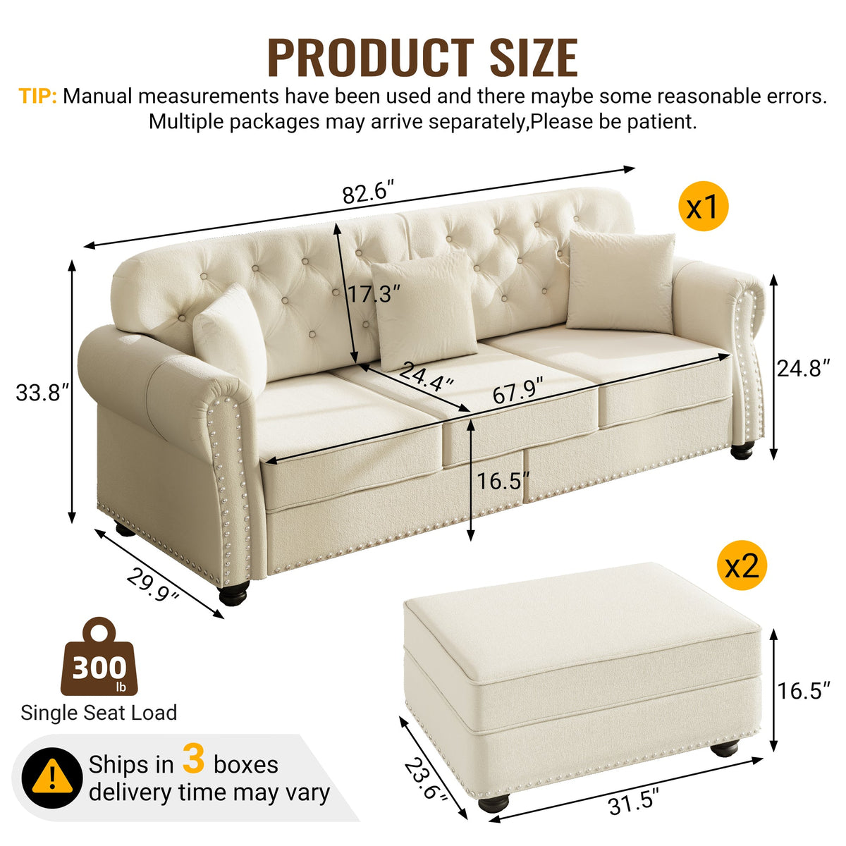 82.6'Upholstered Velvet Sofa with Nailhead Trim and Rolled Armrests,Mid-Century Modern Chesterfield Sofa with Button Tufted,Includes 3 Pillows,Burgundy