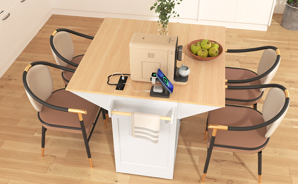 K&K 55.7'' Large Kitchen Island with 2 Drop Leaf,, Rolling Kitchen Cart on 5 Wheels with Power Outlet, Folding Storage Dining Table with Spice & Towel Rack , 3 Drawers, for Kitchen, Dining Room,Black