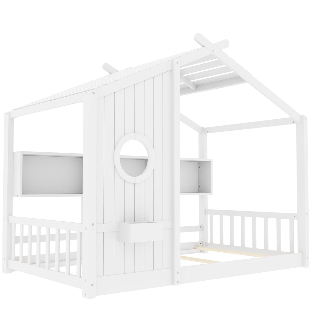 Twin Size Floor House Bed for Toddler, Kids Montessori Bed with Storage Shelf, Playhouse Bed with Roof Design, Gray