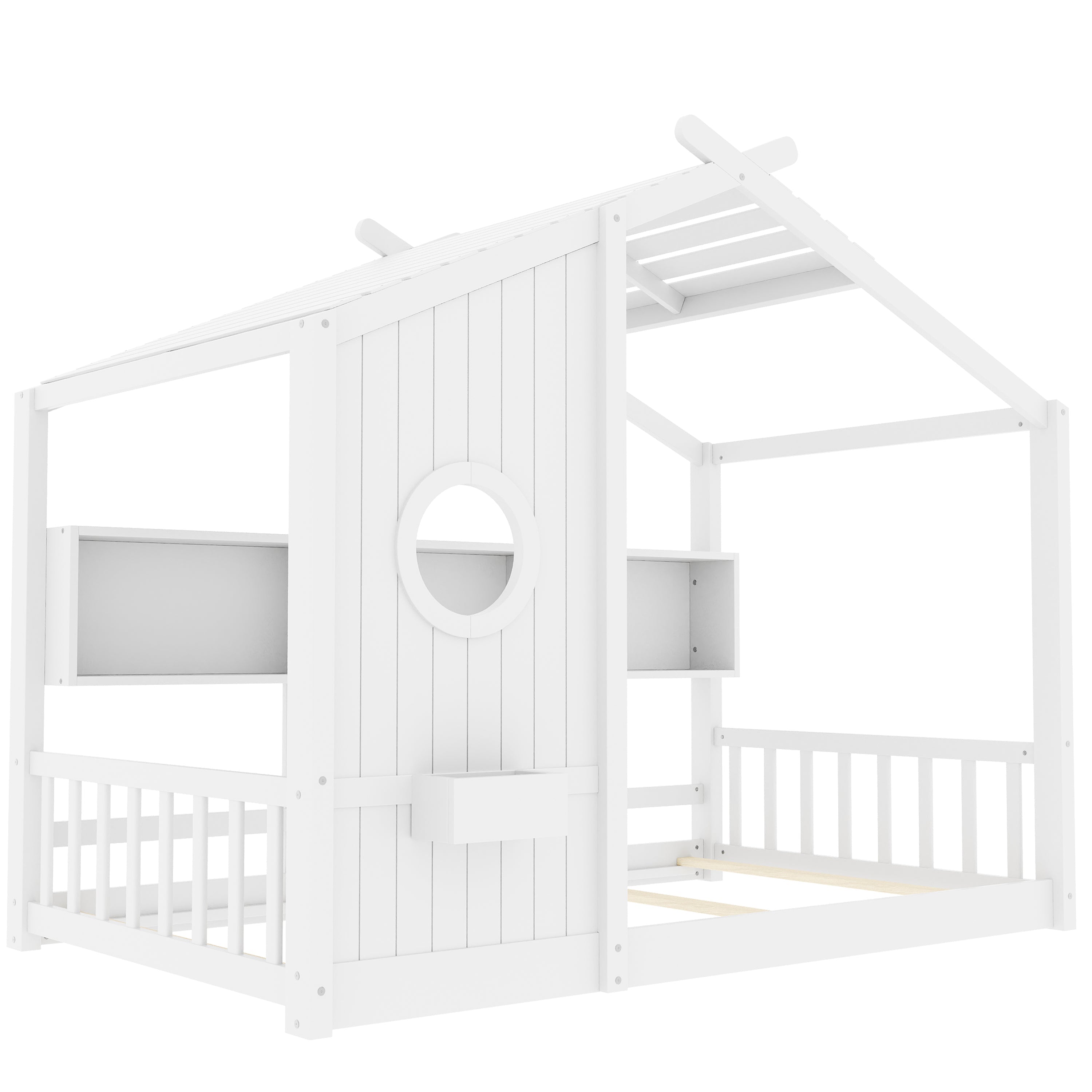 Twin Size Floor House Bed for Toddler, Kids Montessori Bed with Storage Shelf, Playhouse Bed with Roof Design, Gray