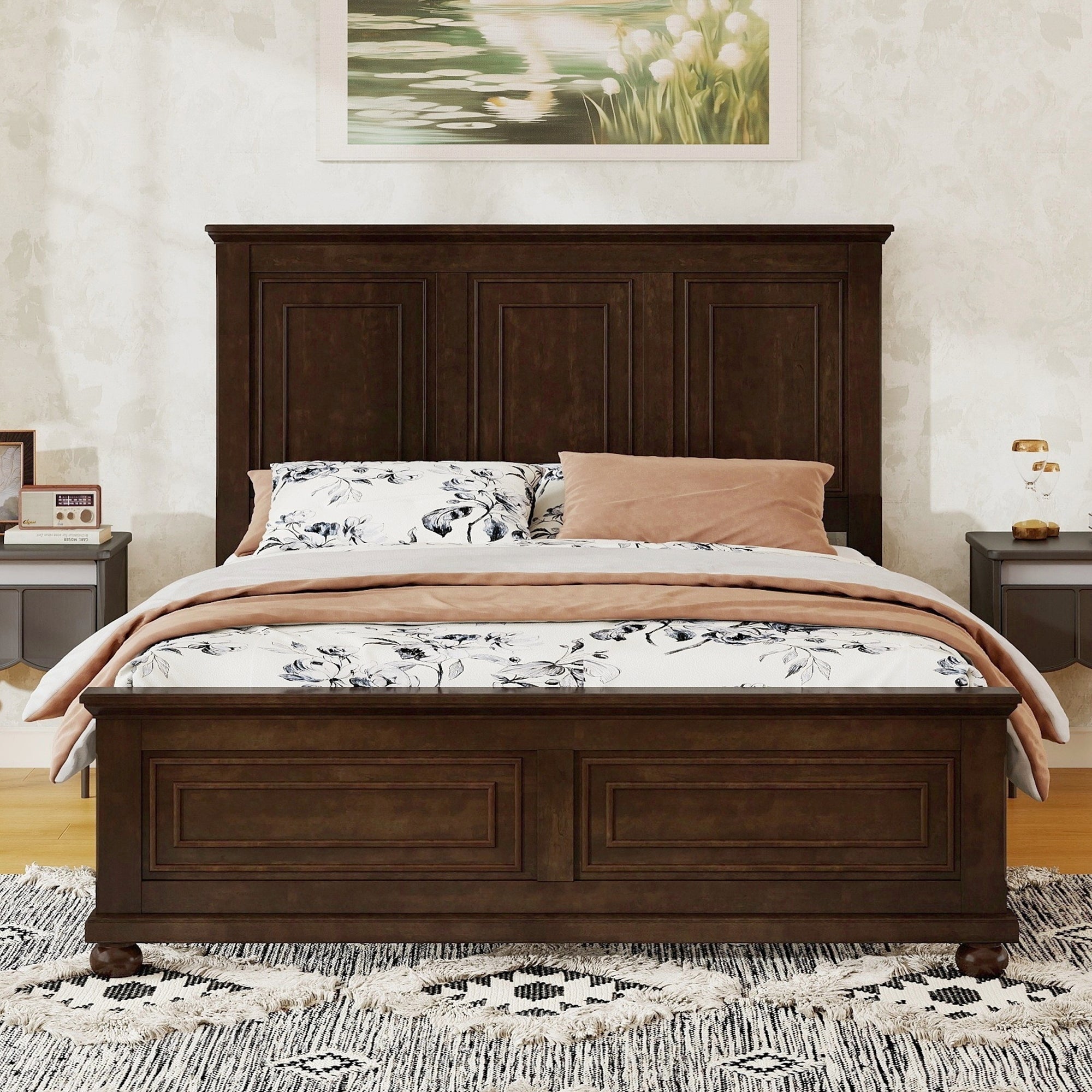 Traditional Style Queen Size Bed with Headboard and Footboard, USB,Pinewood Bed with Strengthened Bed Frame,Rich Brown