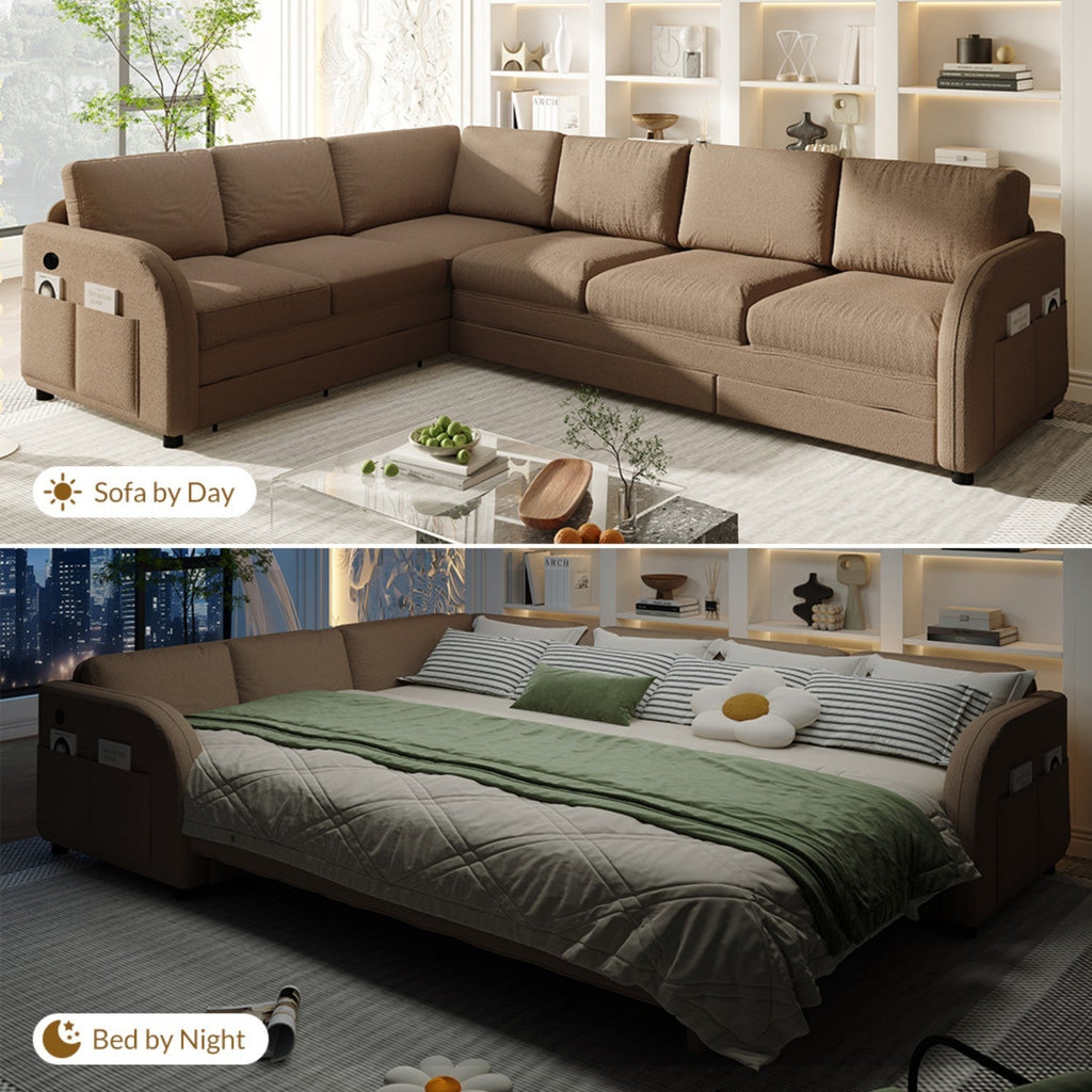 115.2' L-Shaped Sofa Couch with Pull-Out Bed,Oversize Convertible Sleeper Sofa with side Pocket & USB Port,Teddy Upholstered Sectional Couches with Convert Left/Right Facing, Light Grey