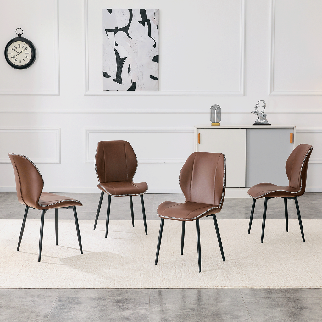 4-Pack Brown Coffee Color Light Luxury Household PU Leather Dining Chairs. Multiple colors available, with black metal legs and adjustable feet, suitable for dining room, study & office ,etc.