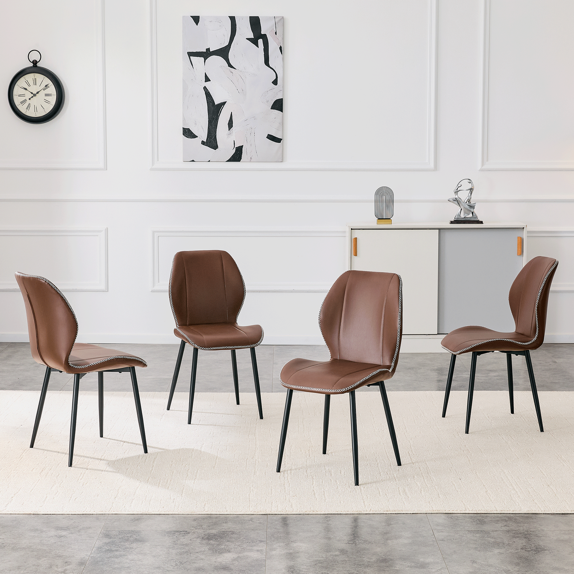 4-Pack Brown Coffee Color Light Luxury Household PU Leather Dining Chairs. Multiple colors available, with black metal legs and adjustable feet, suitable for dining room, study & office ,etc.