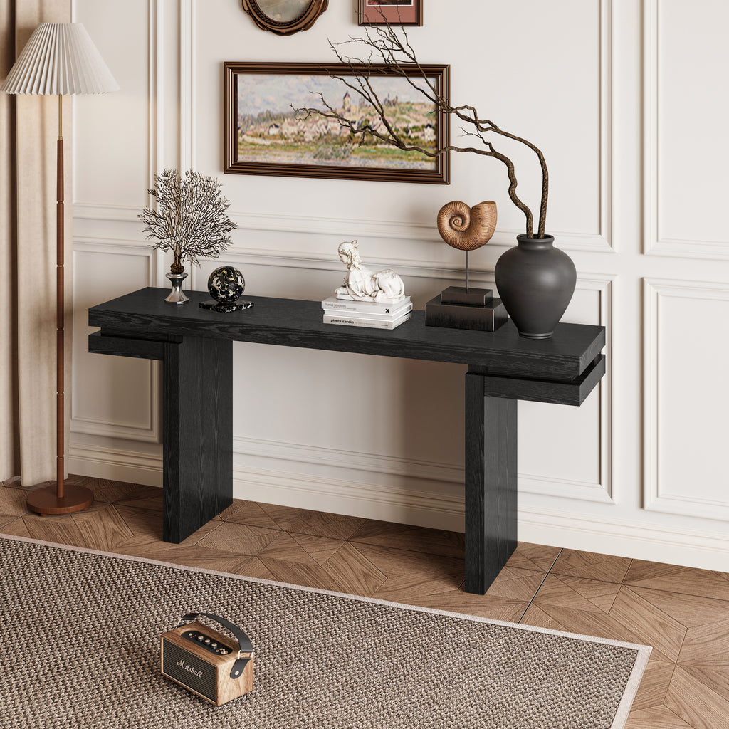 Minimalist black entryway console table hallway setting