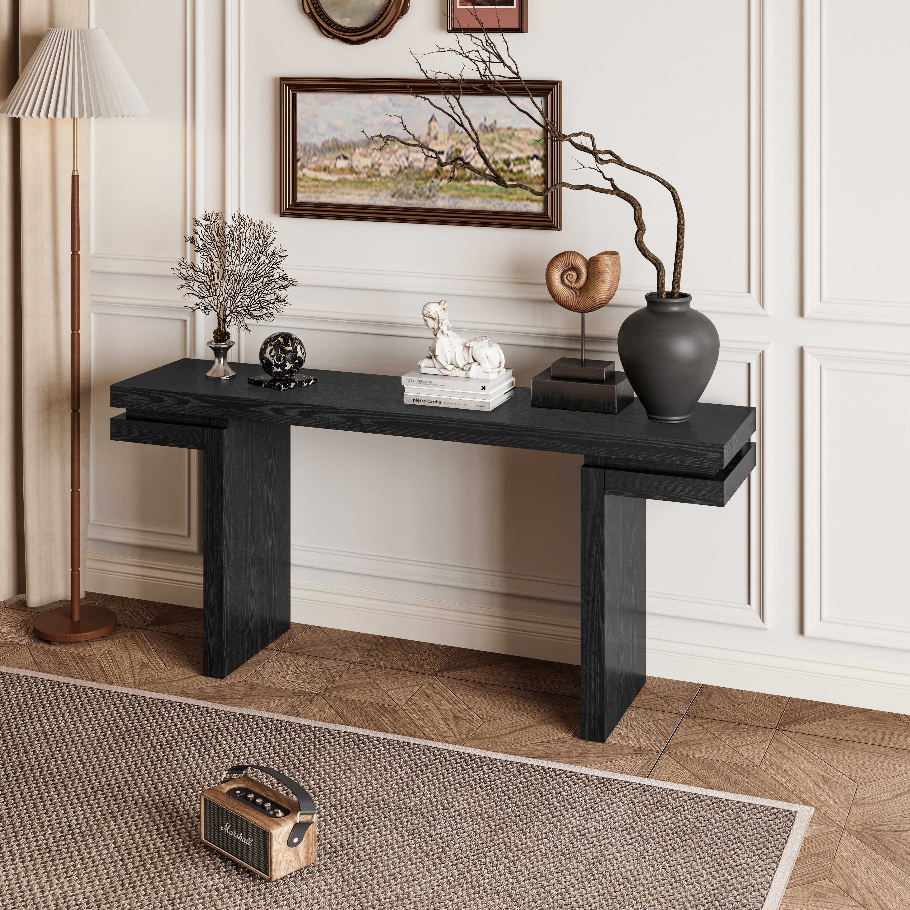 Minimalist black entryway console table hallway setting