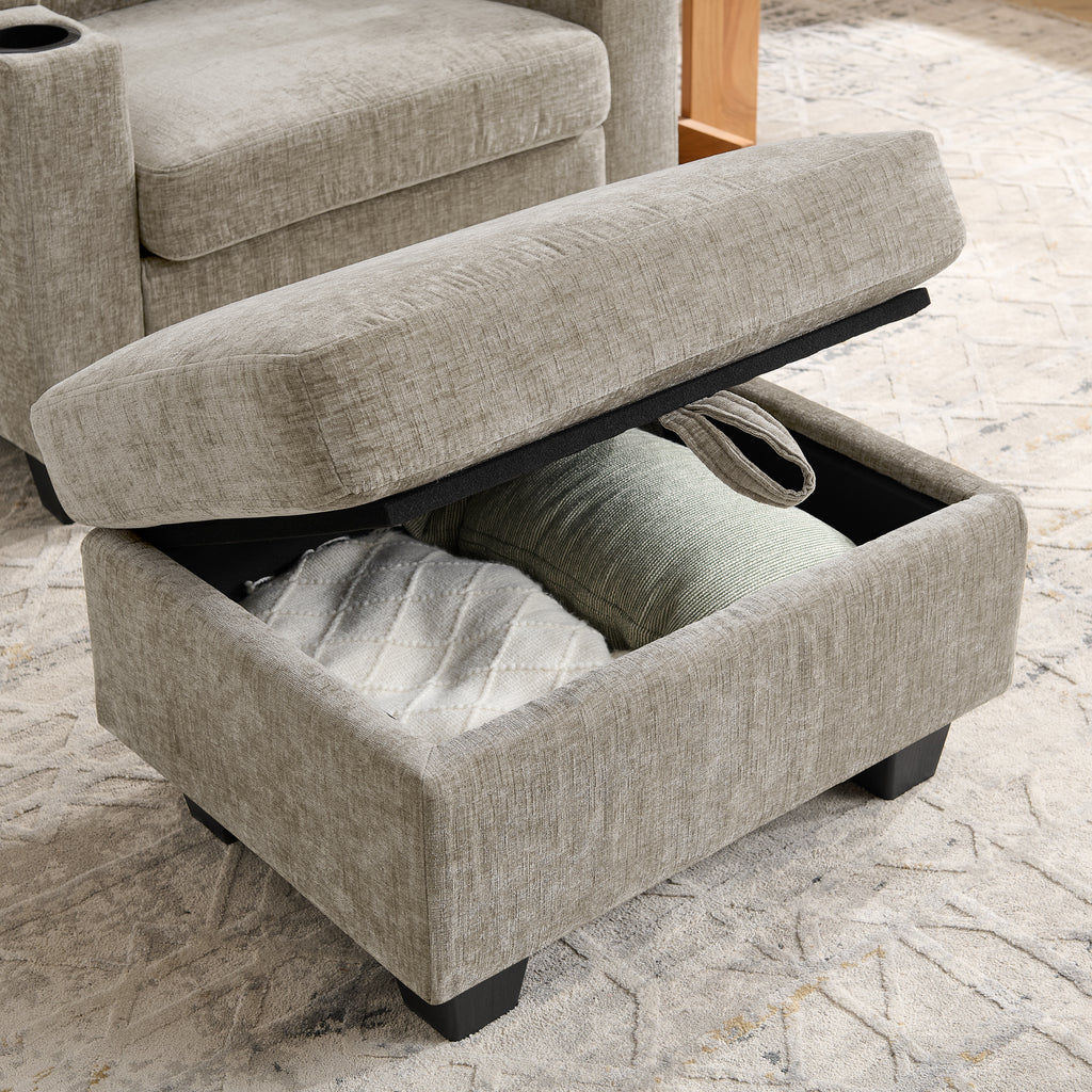 Lift-top storage ottoman beside brown recliner