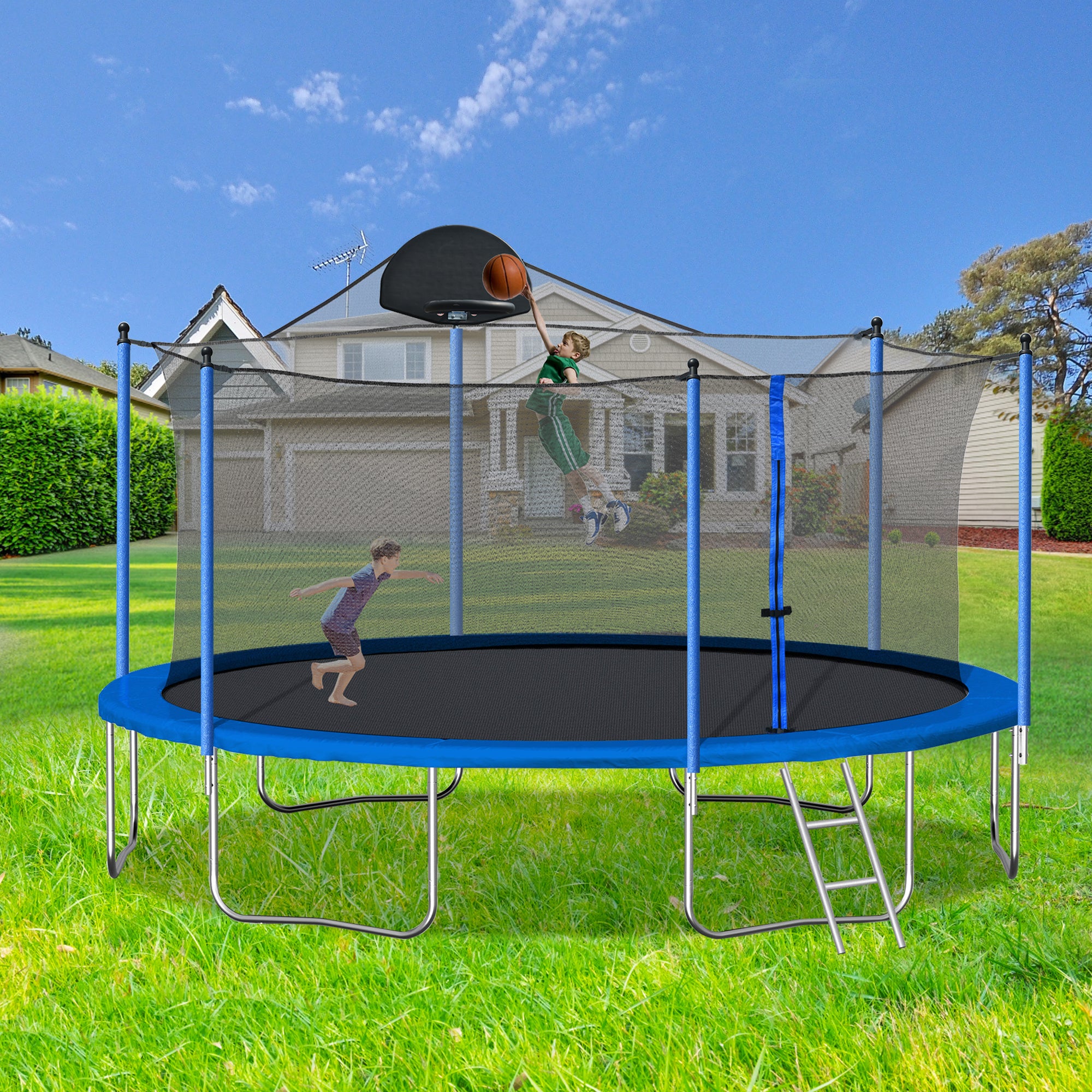 Blue trampoline Safeseal 360 degree safety enclosure zippered door