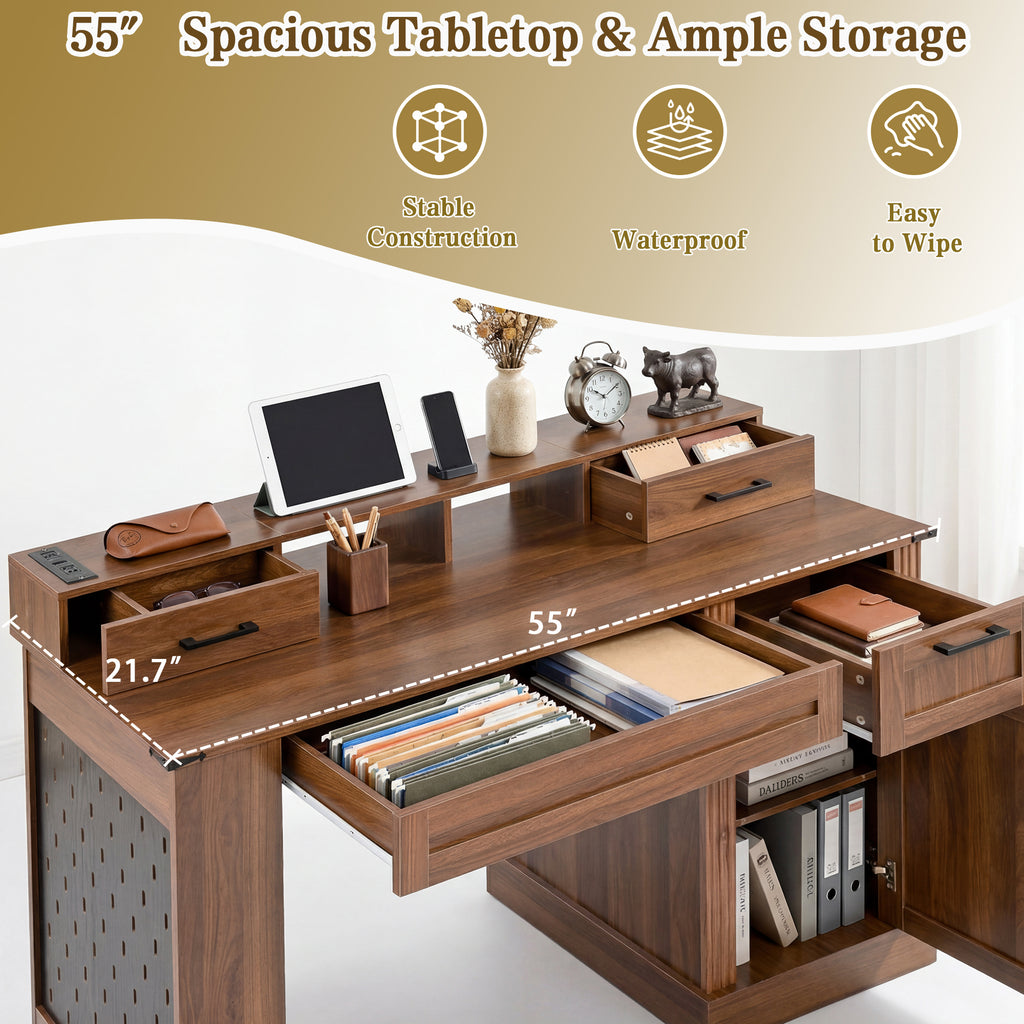 Dark walnut desk storage cabinet with adjustable shelf interior