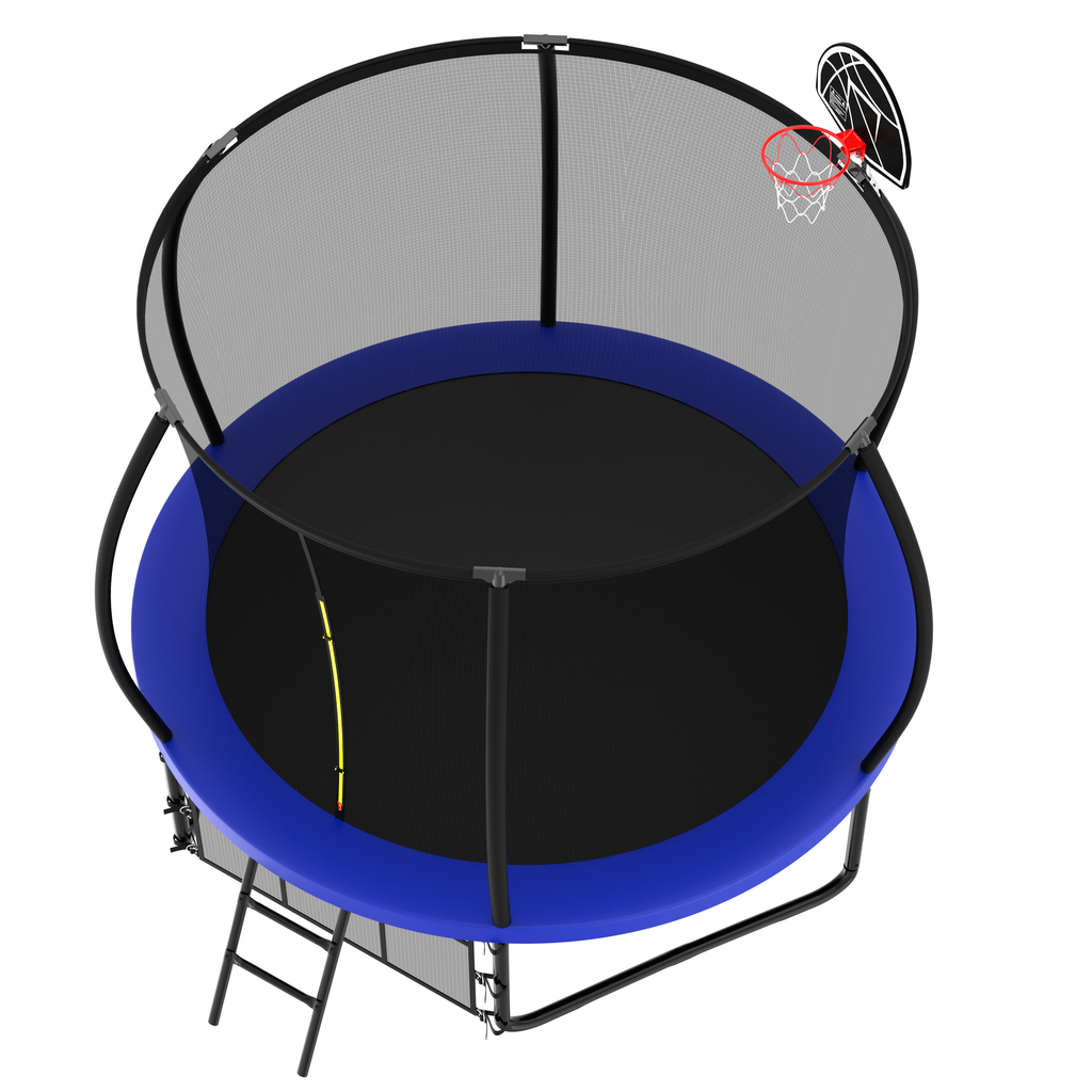 Outdoor trampoline pumpkin-style 3D frame and safety enclosure detail
