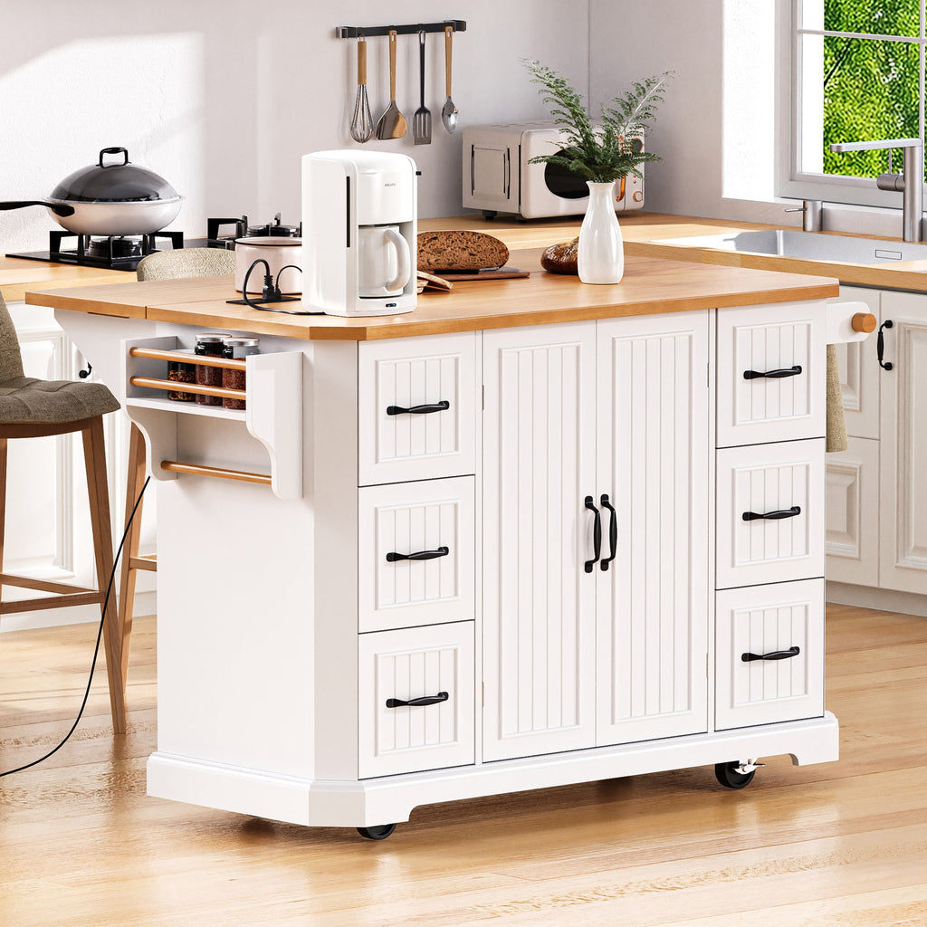 K&K 56 inch Kitchen Island with Rubber Wood Veneer Drop Leaf, Power Outlet, 4 Door Shelves, Embossed Vertical Stripe Rolling Kitchen Cart on 4 Wheels with 6 Deep Drawers for Kitchen, Dining Room,Black