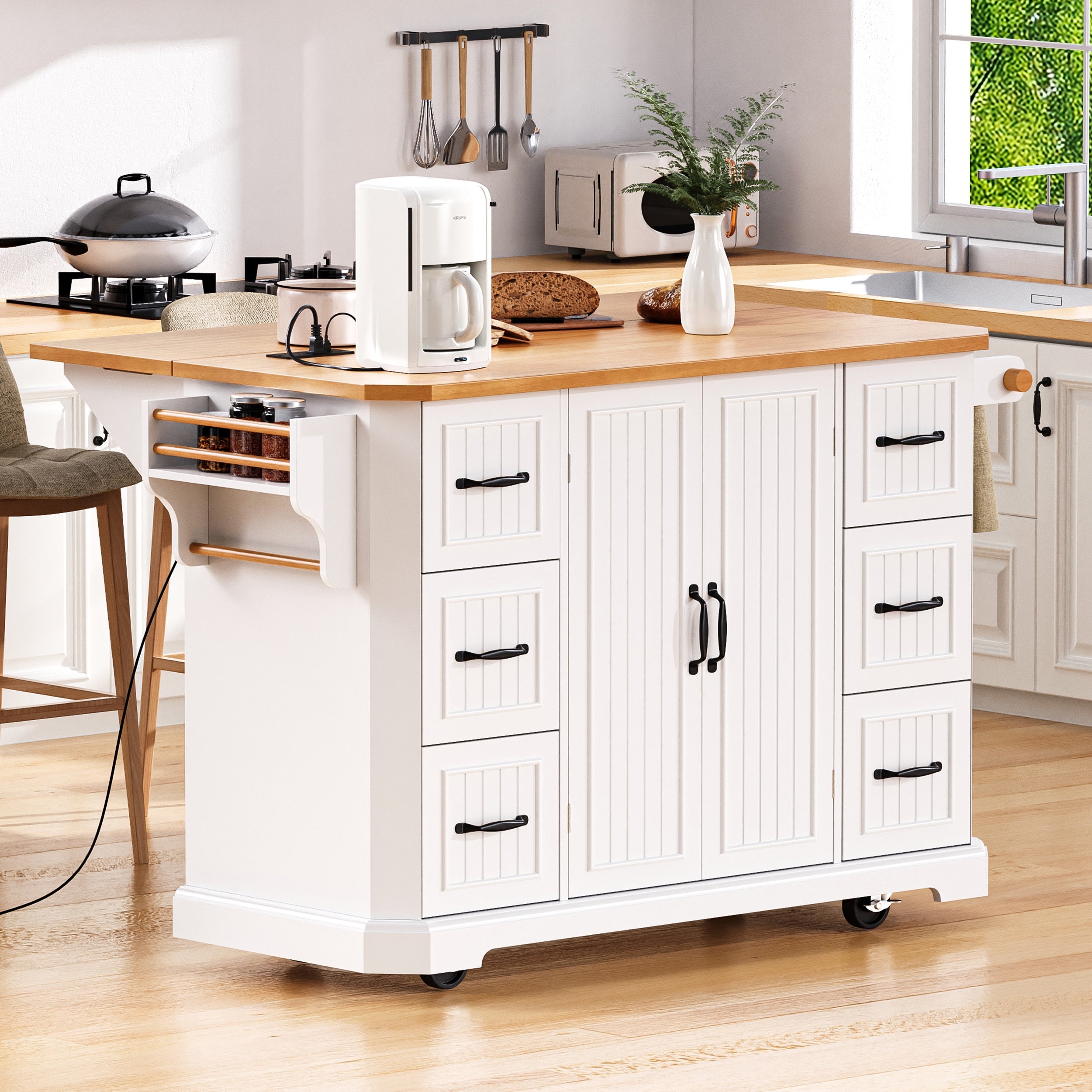 K&K 56 inch Kitchen Island with Rubber Wood Veneer Drop Leaf, Power Outlet, 4 Door Shelves, Embossed Vertical Stripe Rolling Kitchen Cart on 4 Wheels with 6 Deep Drawers for Kitchen, Dining Room,Black