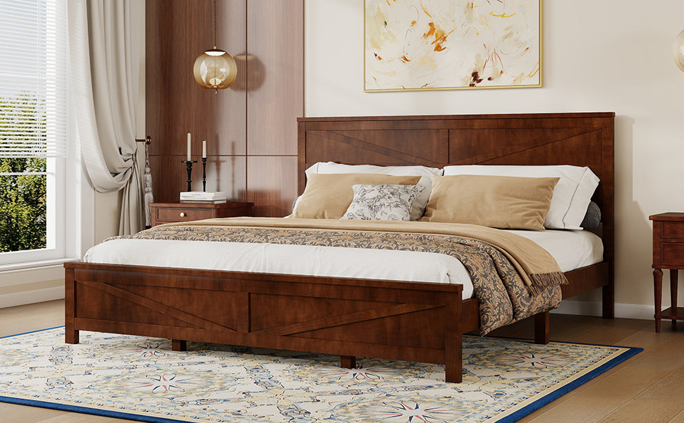 Farmhouse Style King Size Bed with Barn Door Designed Headboard and Footboard, Pinewood Bed with Strengthened Bed Frame,White