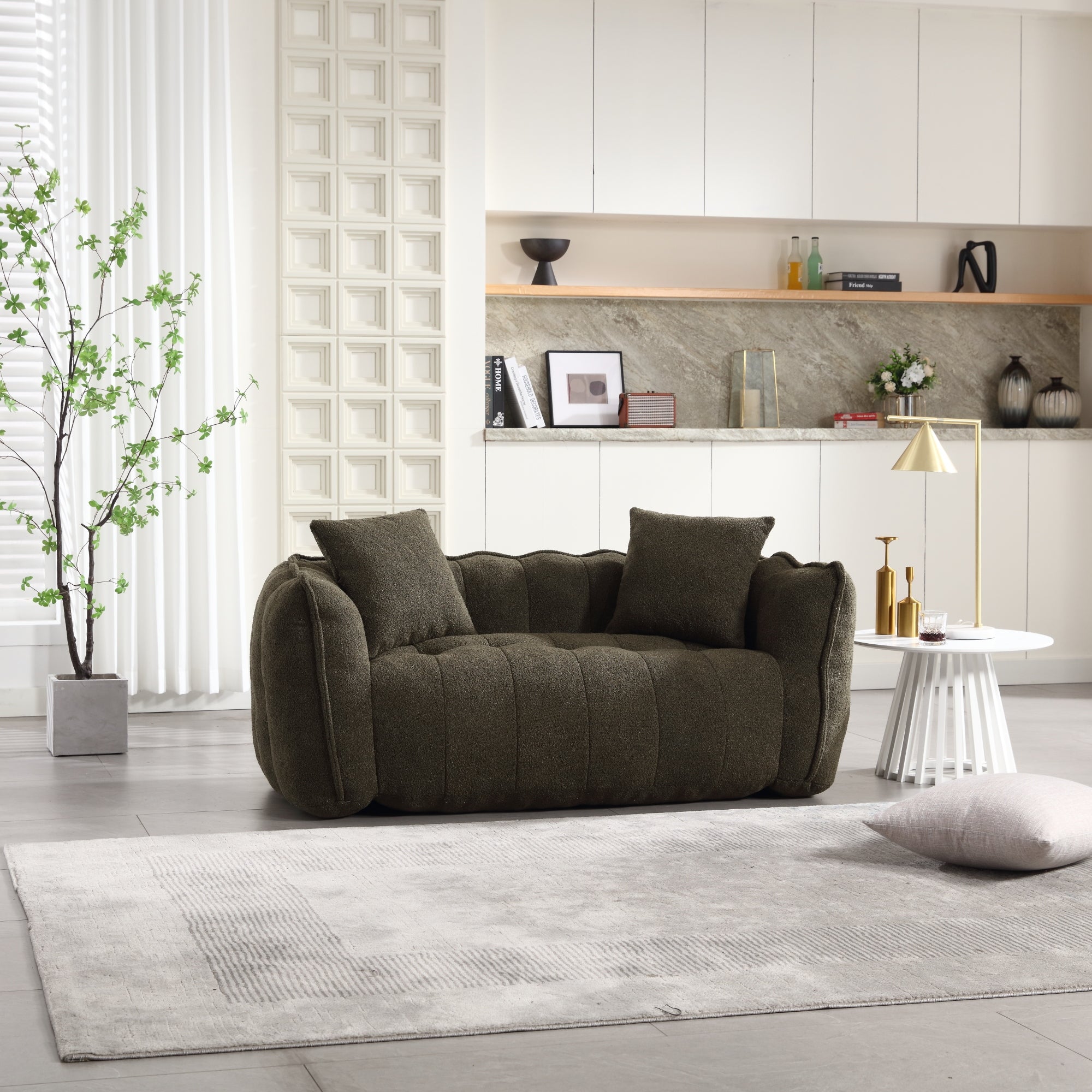 Plush olive green bean bag seating — lifestyle photo