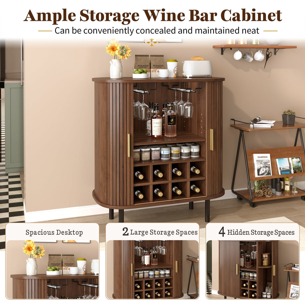 28' Fluted Wine Bar Cabinet with 8-Grid Wine Rack, 5-Level Adjustable Shelves, 2 Glass Holders, Smoothly Sliding Tambour Doors, 4 Hidden Storage Space on the Side, Modern Liquor Coffee Station, Black