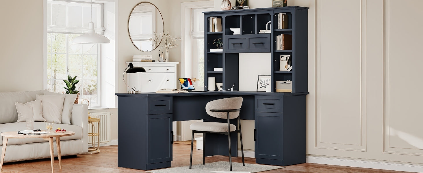 Home office setup with antique blue L-desk