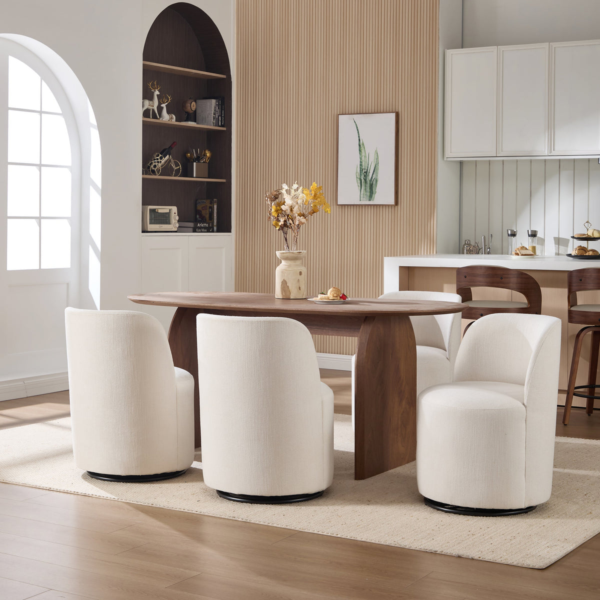 Set Of 1 Upholstered Kitchen & Dining Room Barrel Chair, Mid Century Modern Round Linen Dining Chair, 360 Degree Swivel Comfy Armless Accent Makeup Vanity Side Chair for Bedroom Living Room
