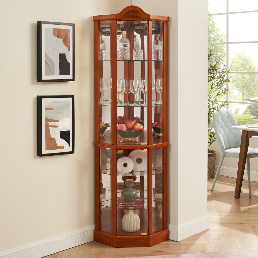 Corner display curio cabinet with glass doors — angle view