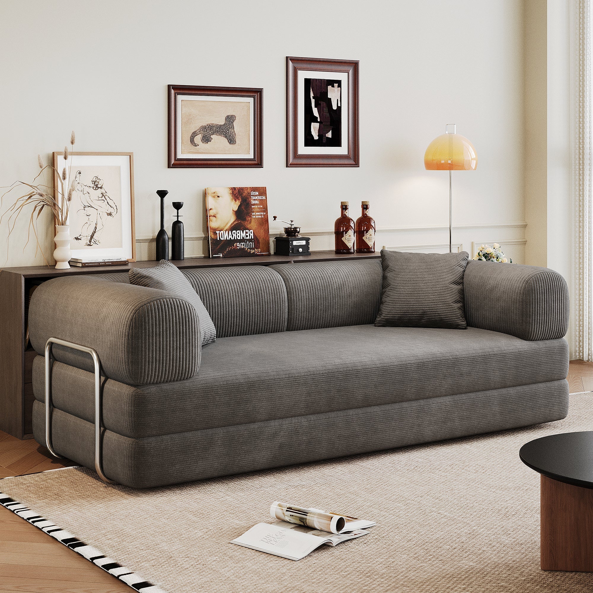 Corduroy Compression Convertible Floor Sofa Bed — Modular Loveseat, 78.8" Wide