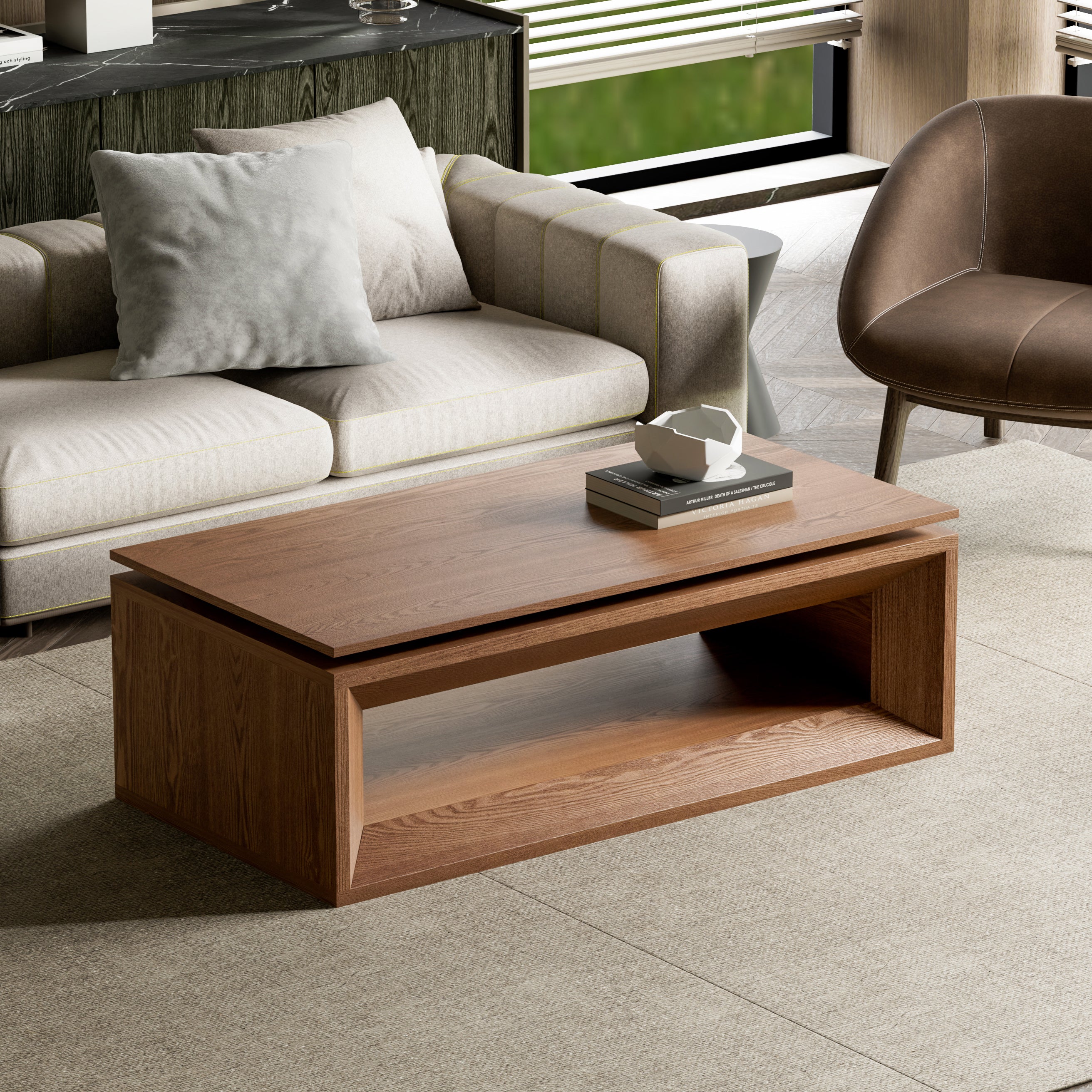 Hidden storage compartment underneath lift-top table