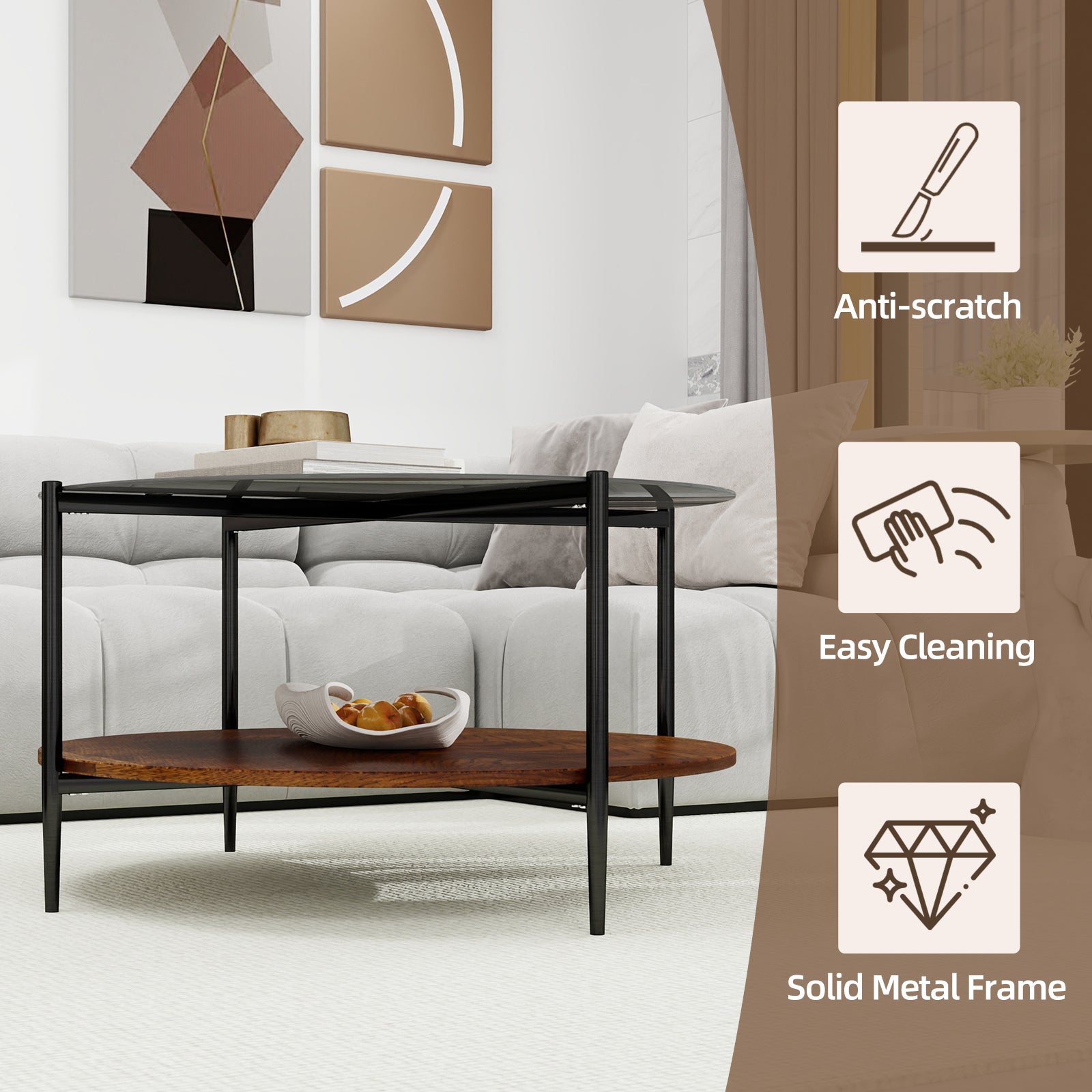 Black round coffee table top view tempered glass surface