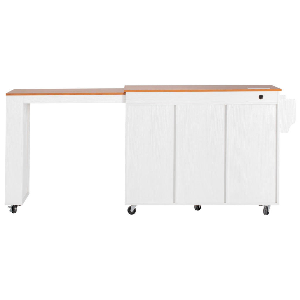 K&K 85.5' Kitchen Island with Extendable Dining Table, Kitchen Storage Table with 3 Side Open Shelves, Rolling Kitchen Island with Power Outlet, 3 Drawers, 2 Doors, for Kitchen, Dining Room, Black
