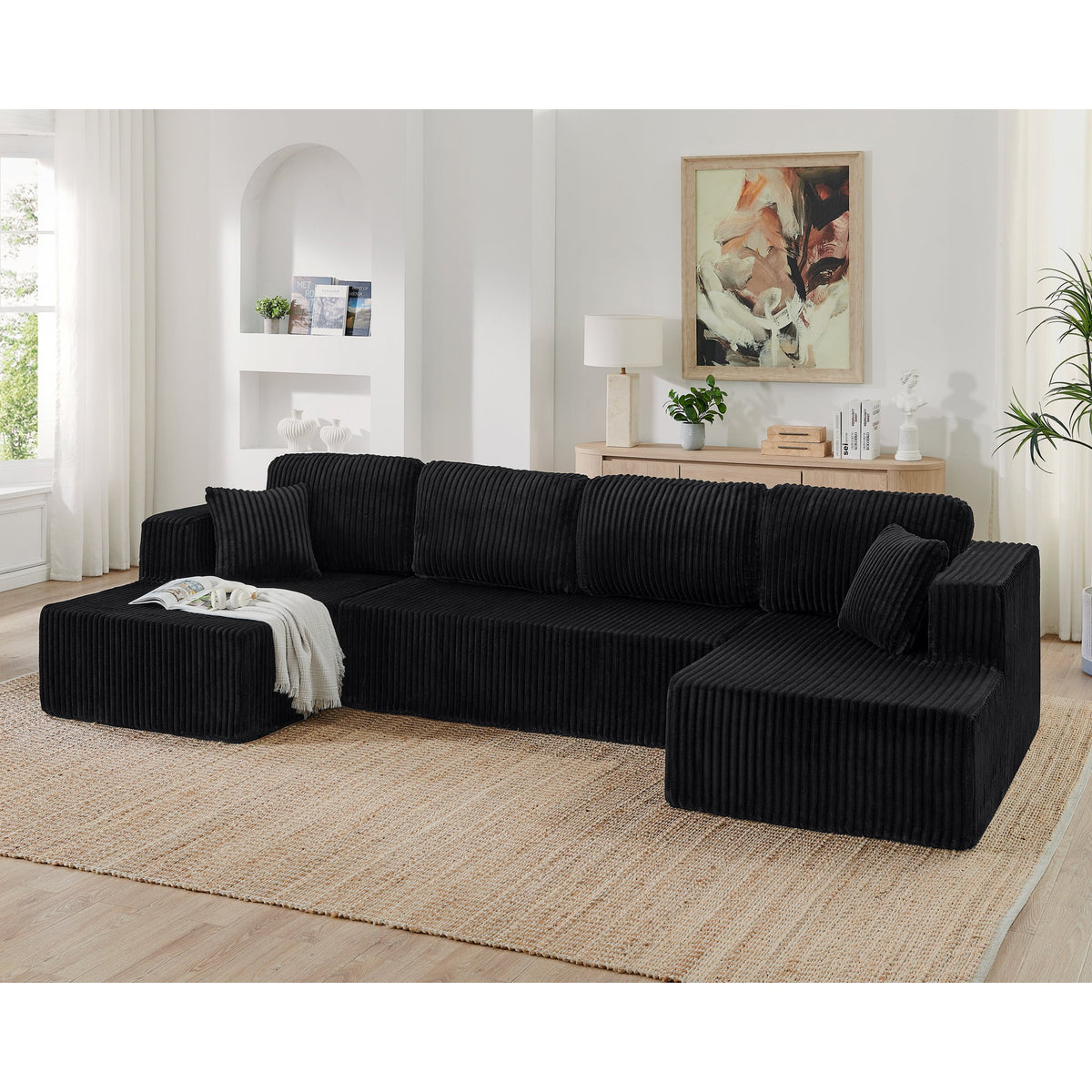 U shape Modular Sectional Sofa, Compressed Sectional Sofa Modern Minimalist Style Corduroy Couch, Sleeper Sofa for Living Room, Bedroom, Comfy Compressed Sofa Couch Space-Efficient Design-green