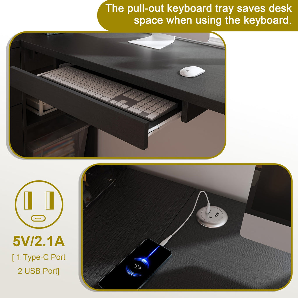 L-Shaped Computer Desk with Glass Cabinets, LED Lights & USB Charging — 43-Inch