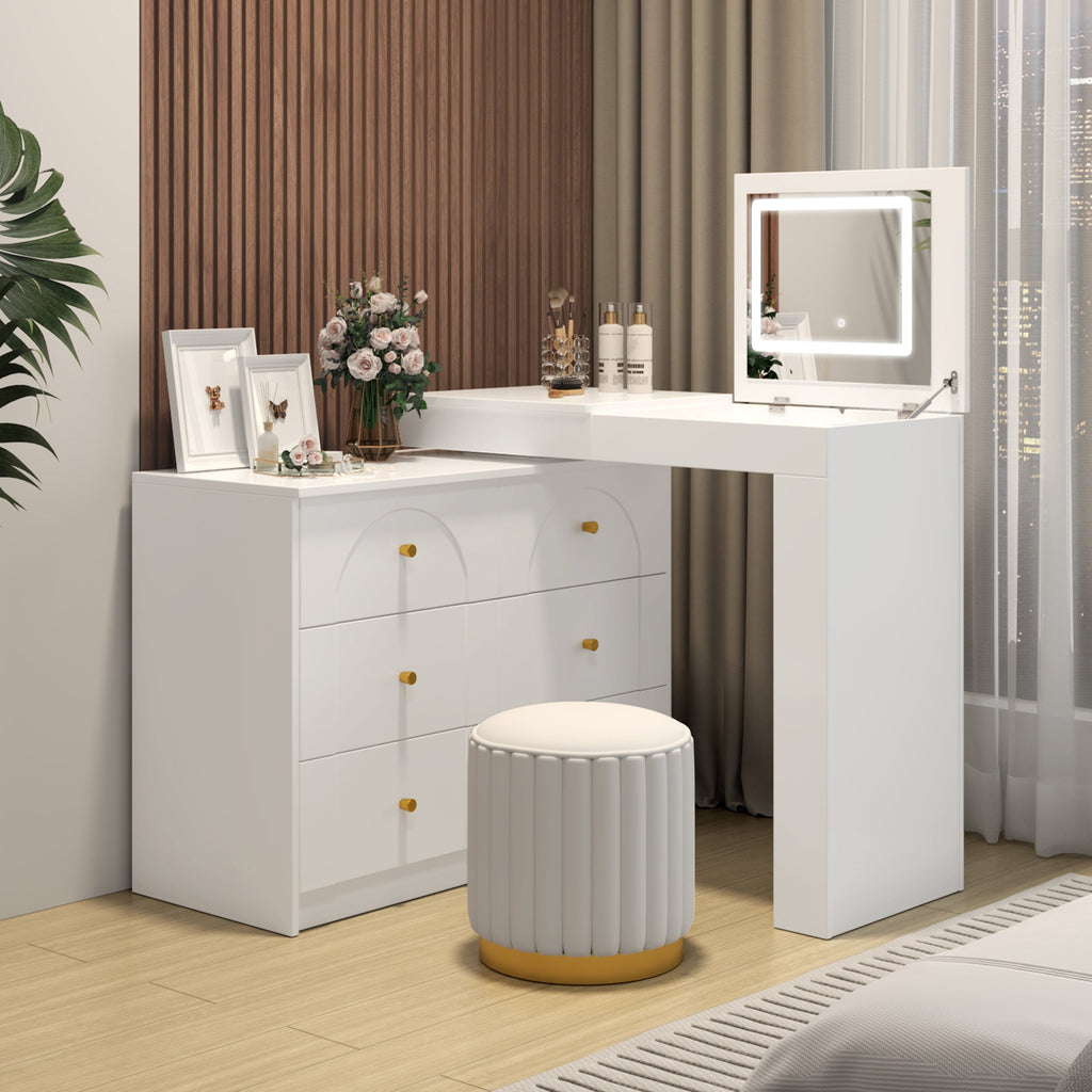Vanity Desk with Mirror and Lights, Makeup Vanity Table with Flip-Top Tabletop and Storage 7 Drawers, 9 Compartments, 3 Shelves, 3 Color Modes Adjustable Makeup Table for Bedroom, Walnut (N733P279096)