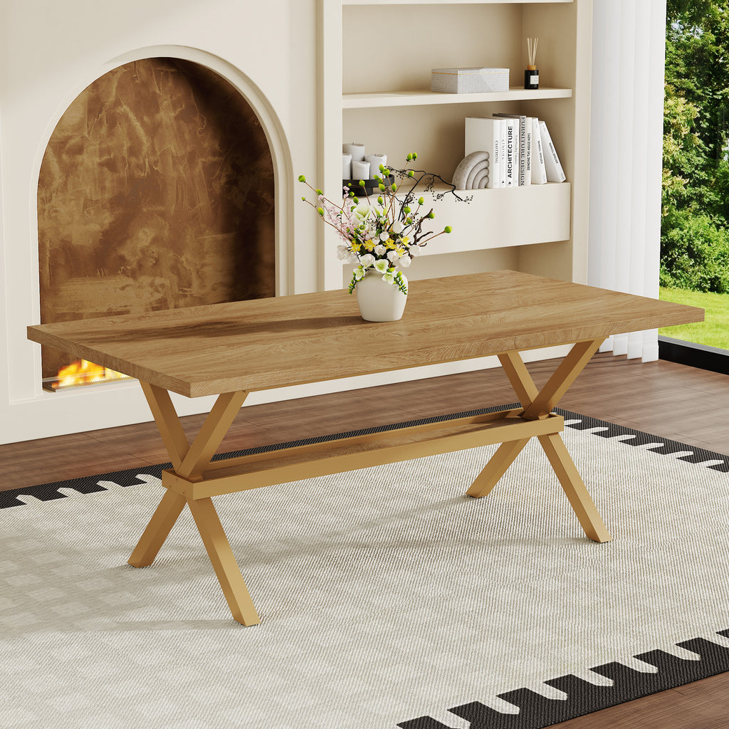 71 * 35.4 inch wood MDF splicing desktop, light wood MDF splicing desktop, wood sprayed metal X-shaped bracket dining table. The modern minimalist restaurant table can accommodate 6-8 people.