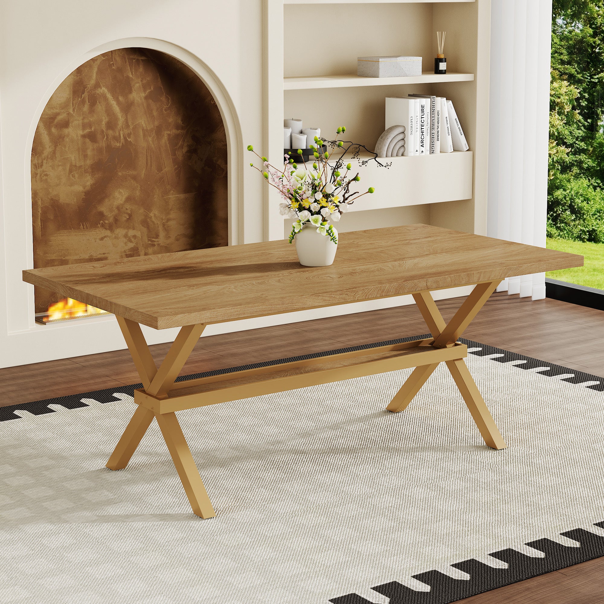 71 * 35.4 inch wood MDF splicing desktop, light wood MDF splicing desktop, wood sprayed metal X-shaped bracket dining table. The modern minimalist restaurant table can accommodate 6-8 people.