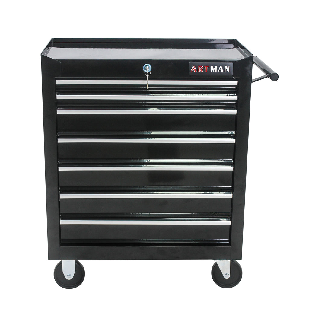 Black 7-drawer rolling tool cart with wheels — front view