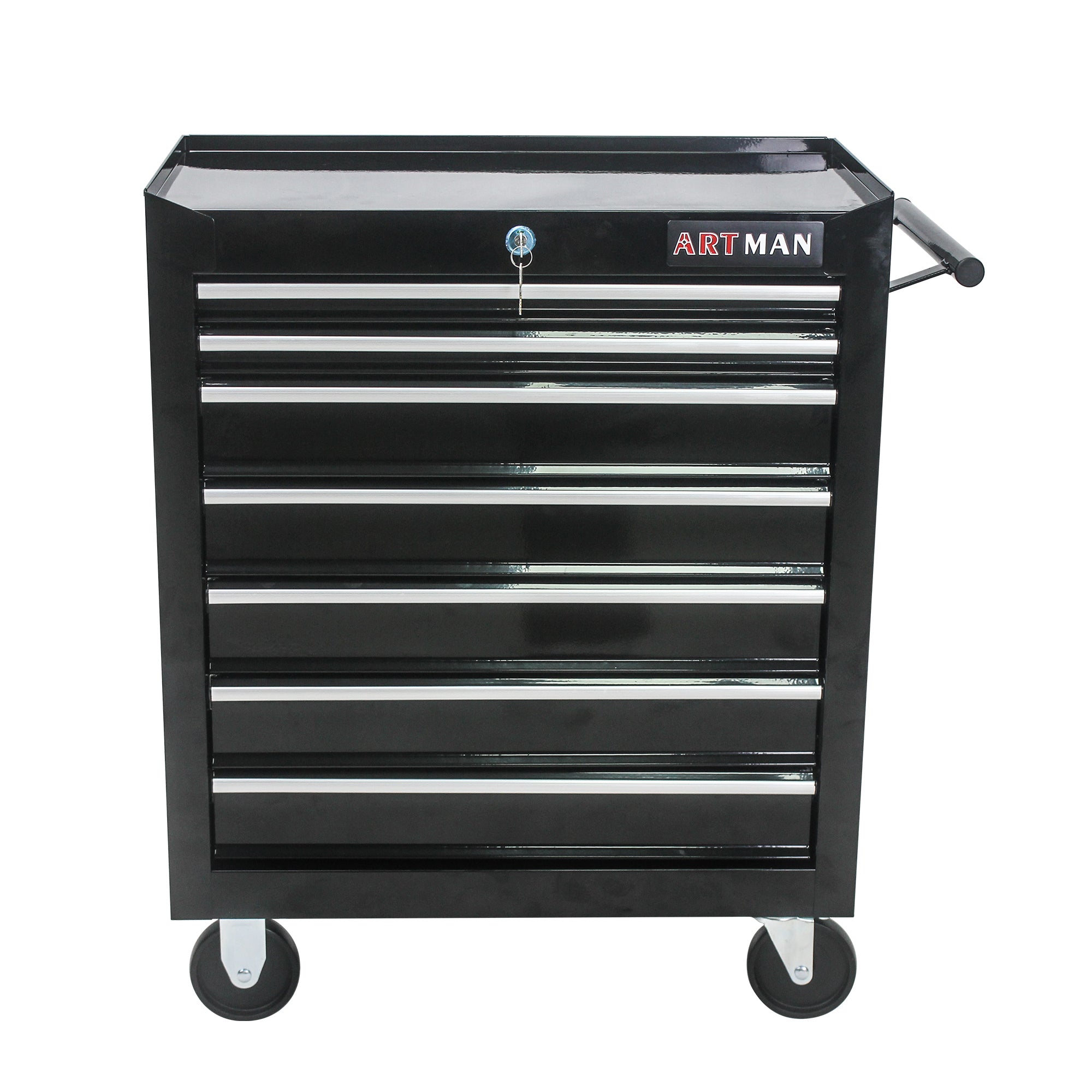 Black 7-drawer rolling tool cart with wheels — front view