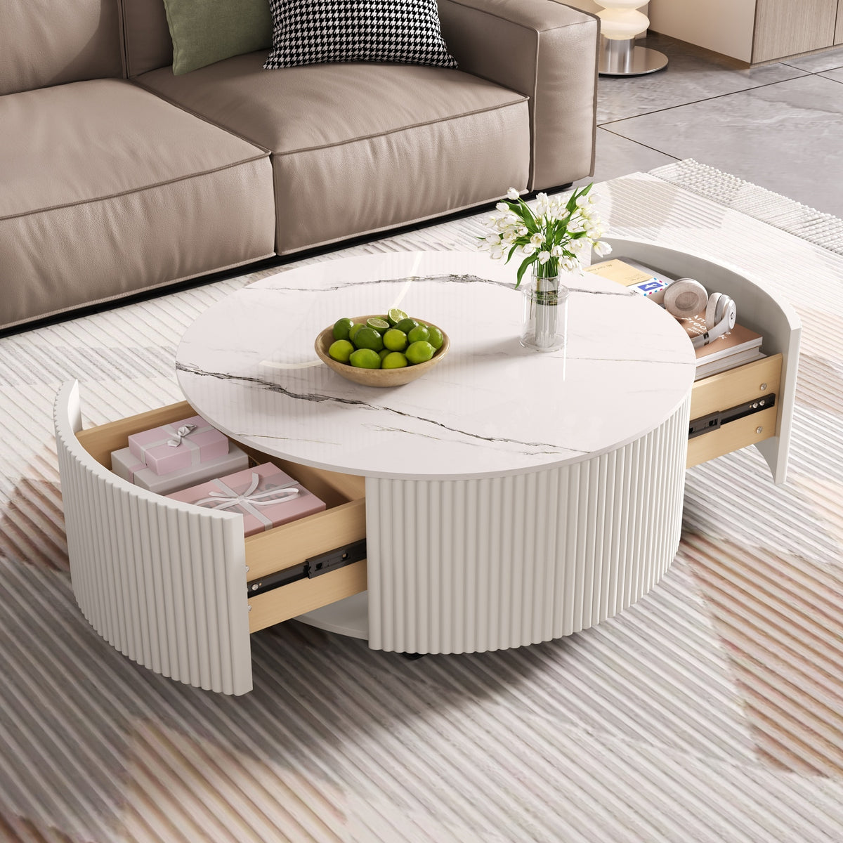 Modern Round Movable Coffee Table with Casters, 2 Drawers, Marble Pattern Sintered Stone Top, White, 29.5'