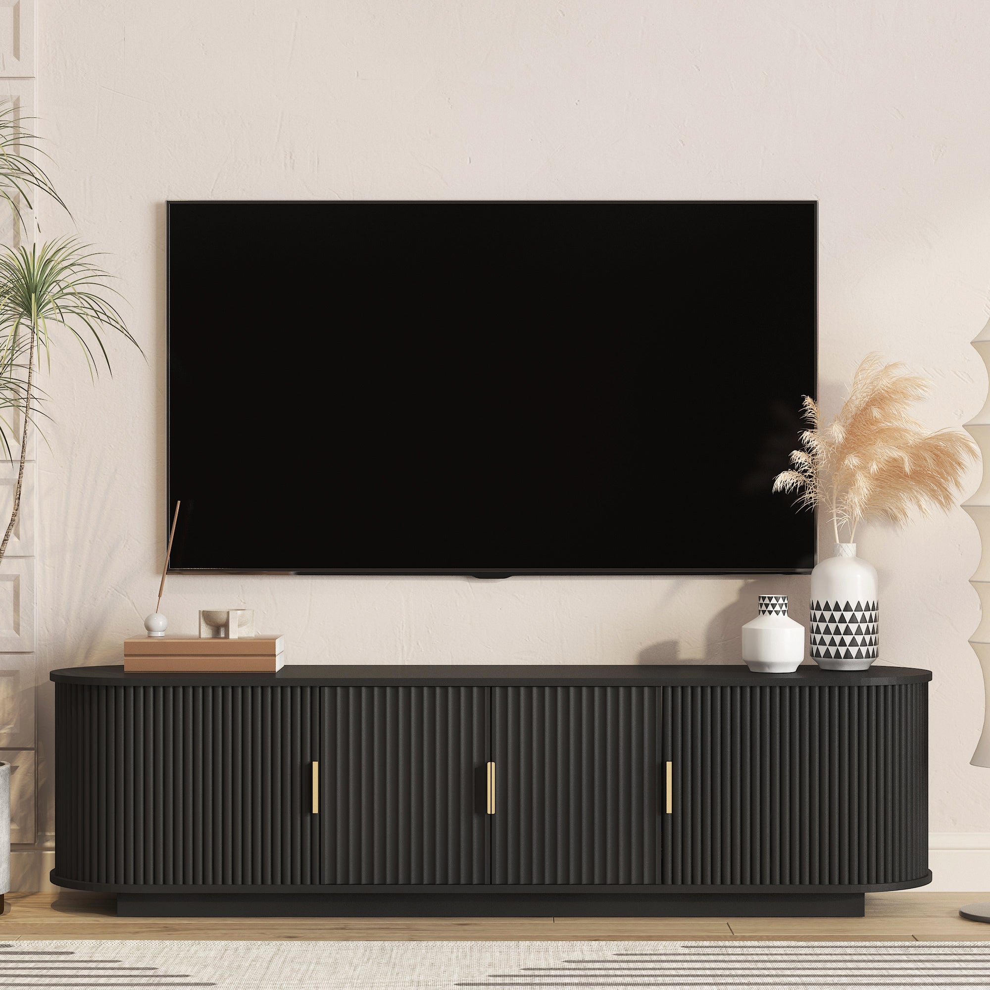 66.9' Wooden TV Stand for TVs up to 75', Farmhouse Entertainment Center with Adjustable Shelves, Fluted Media Console with Sliding Doors, Wooden Media TV Console Table for Living Room
