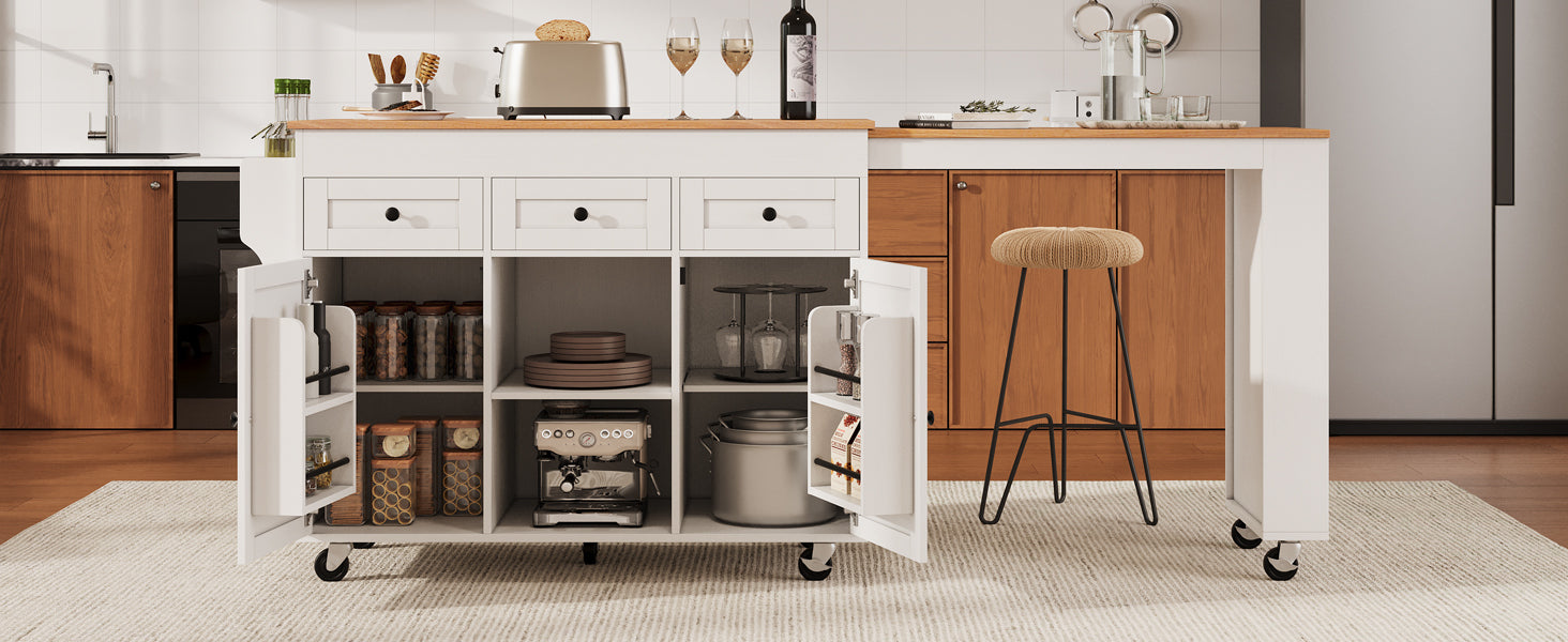 K&K 85.5' Kitchen Island with Extendable Dining Table, Kitchen Storage Table with 3 Side Open Shelves, Rolling Kitchen Island with Power Outlet, 3 Drawers, 2 Doors, for Kitchen, Dining Room, Black