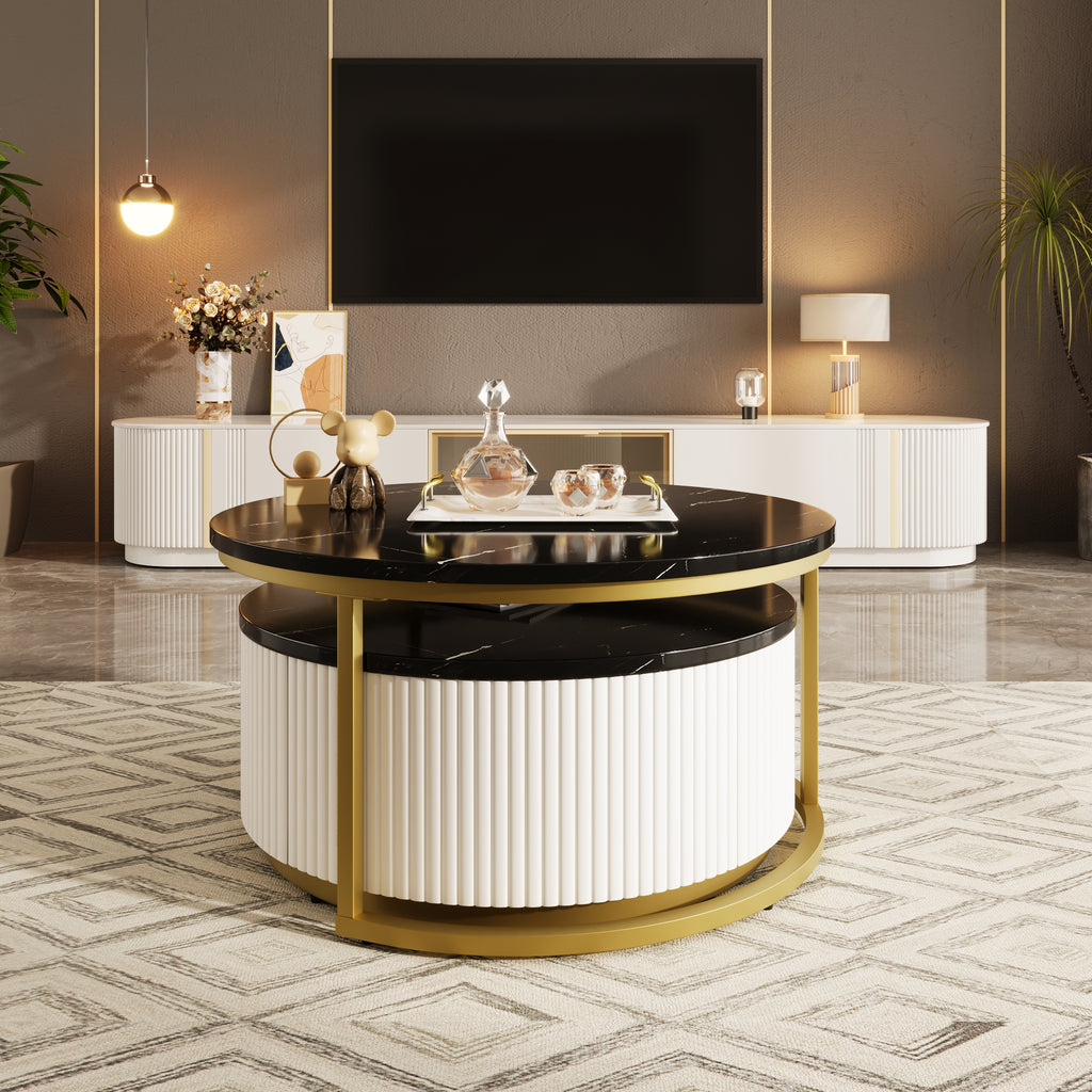 Nesting coffee table set with fluted base in living room