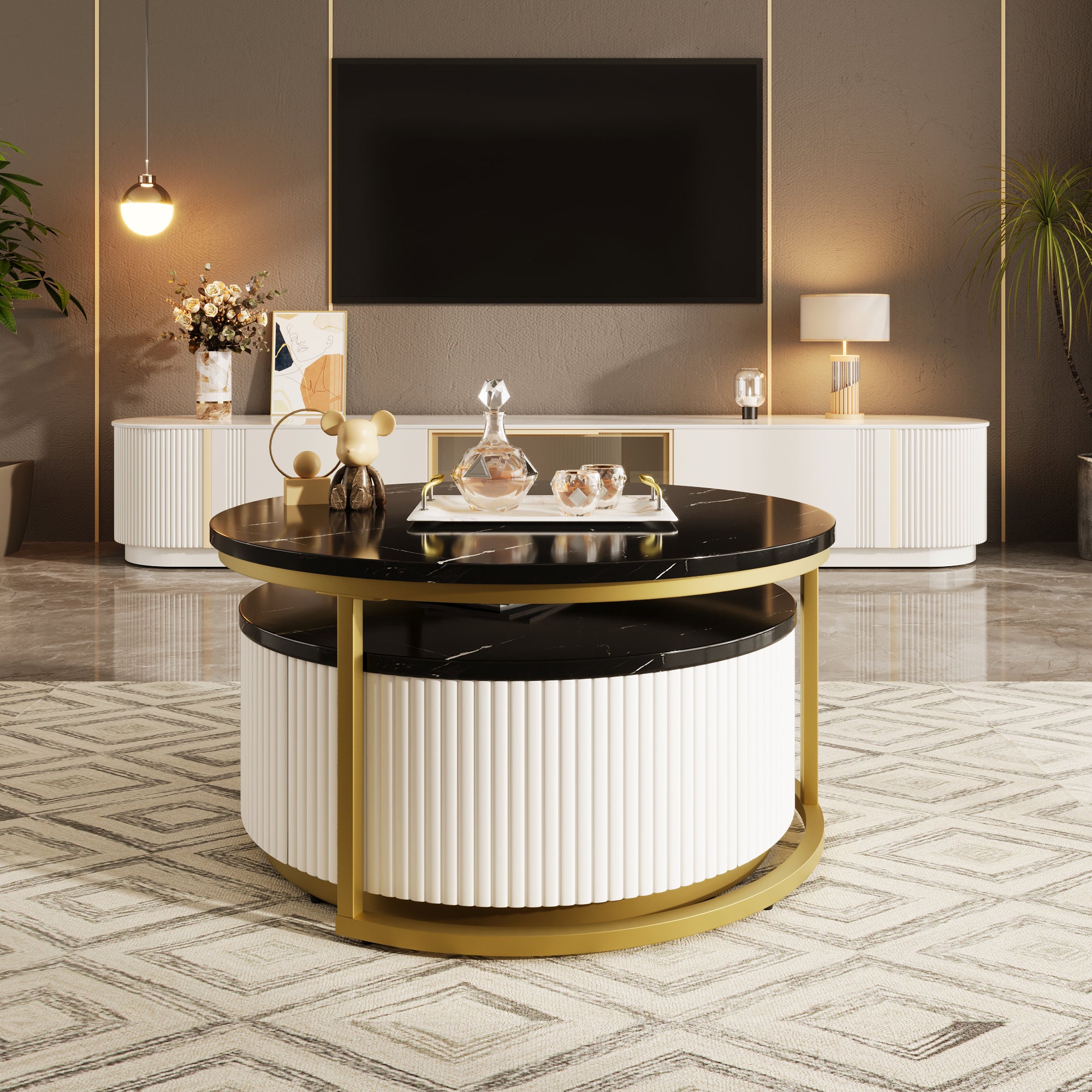 Nesting coffee table set with fluted base in living room