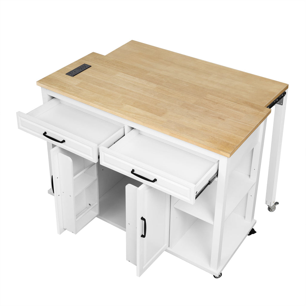 K&K 47 inch Kitchen Island with Extendable Dining Table, Rubber Wood Veneer Kitchen Table with Internal Storage Rack, Power Outlet, Kitchen island with Storage 2 Drawers 2 Cabinet, Black