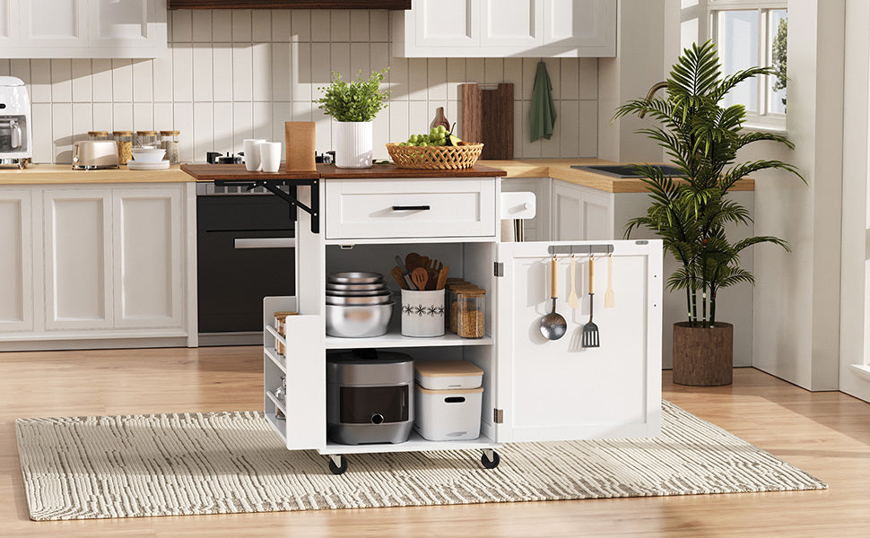 K&K 39.3' Farmhouse Kitchen Island with Drop Leaf, Kitchen Storage Island with Open Side Rack, One Drawer, Towel Rack, Rolling Kitchen Cart with Lockable Wheels for Lawn Garden, Black
