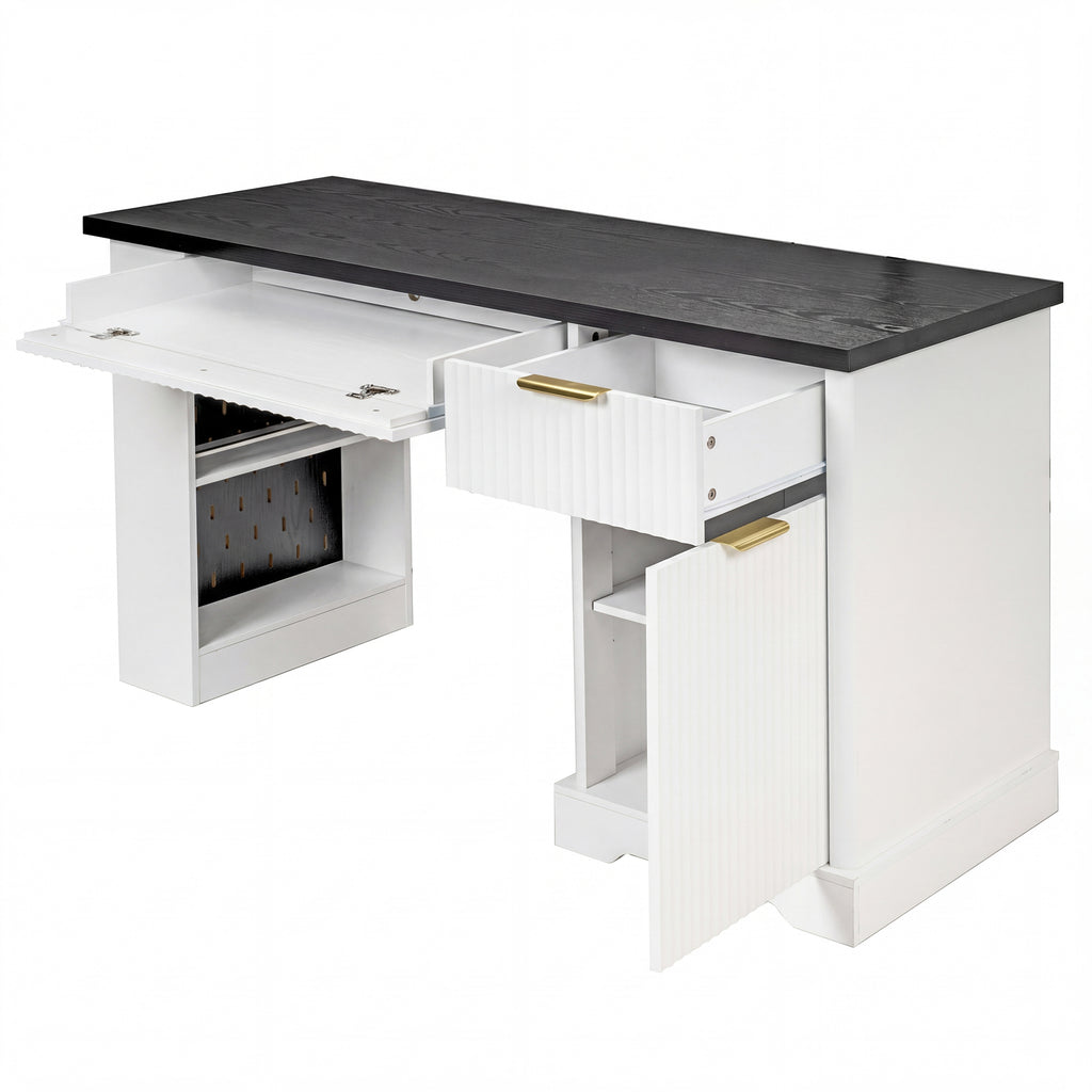 White fluted office desk with pegboard and charging station — front view