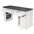 White fluted office desk with pegboard and charging station — front view