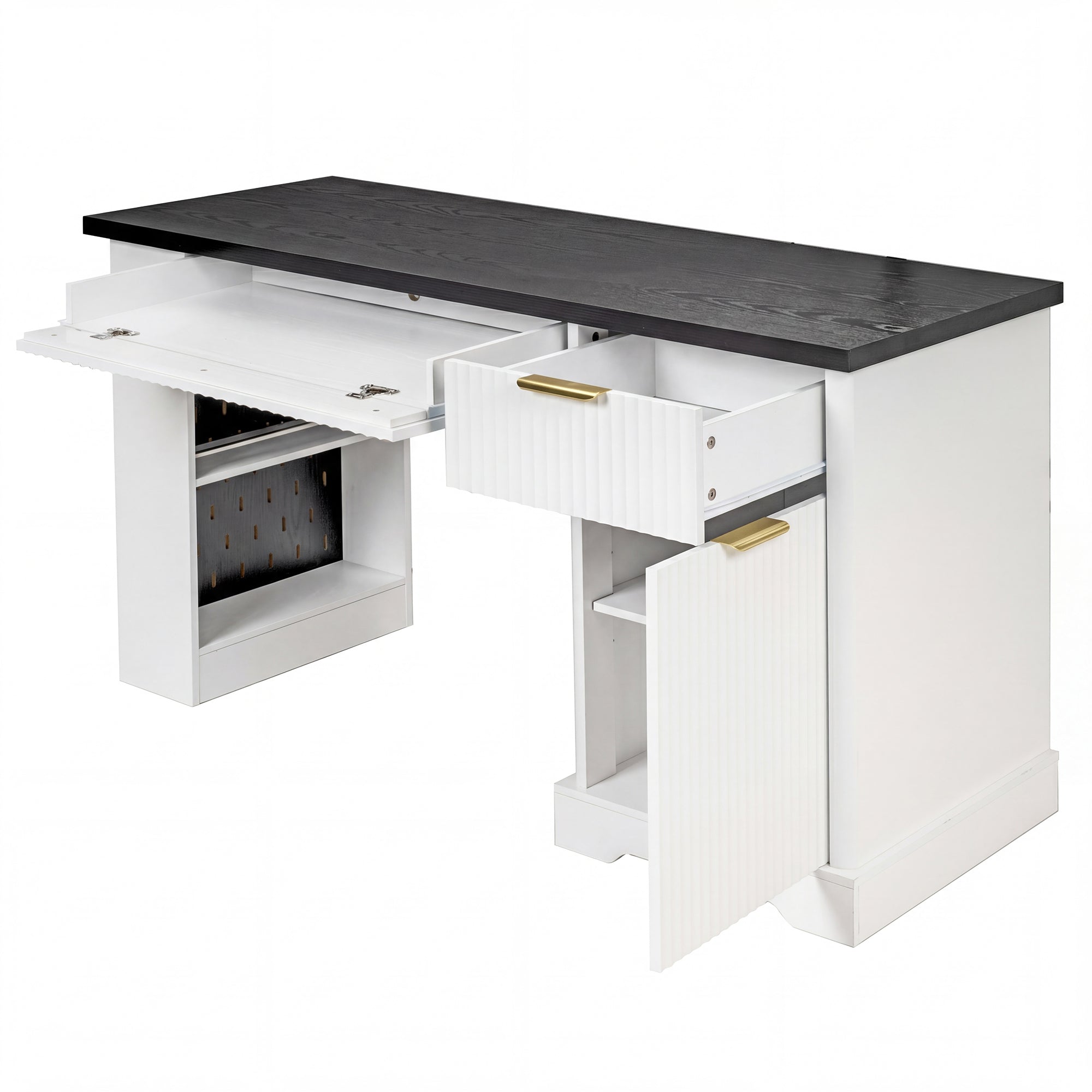 White fluted office desk with pegboard and charging station — front view