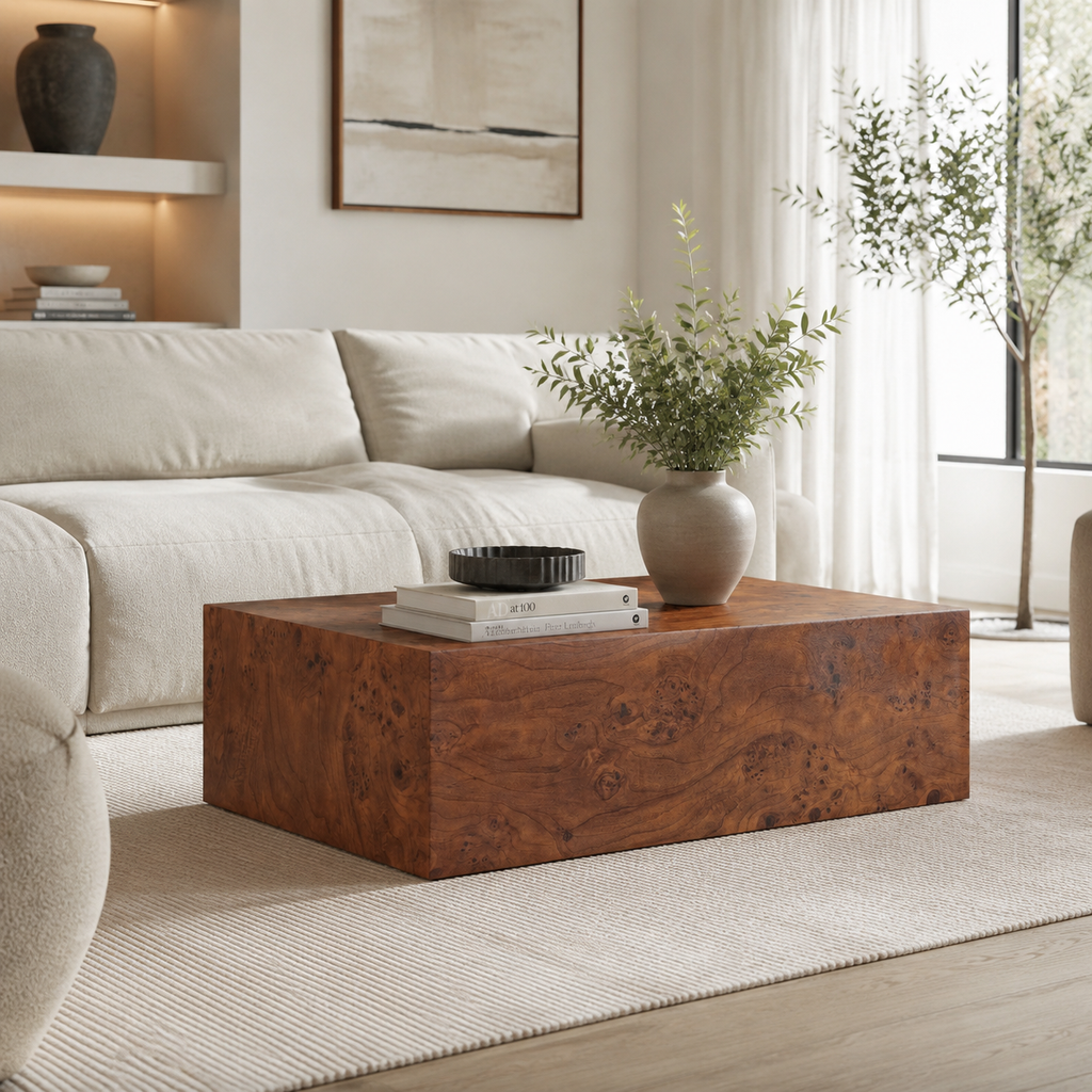 Walnut burl veneer cube coffee table — front view