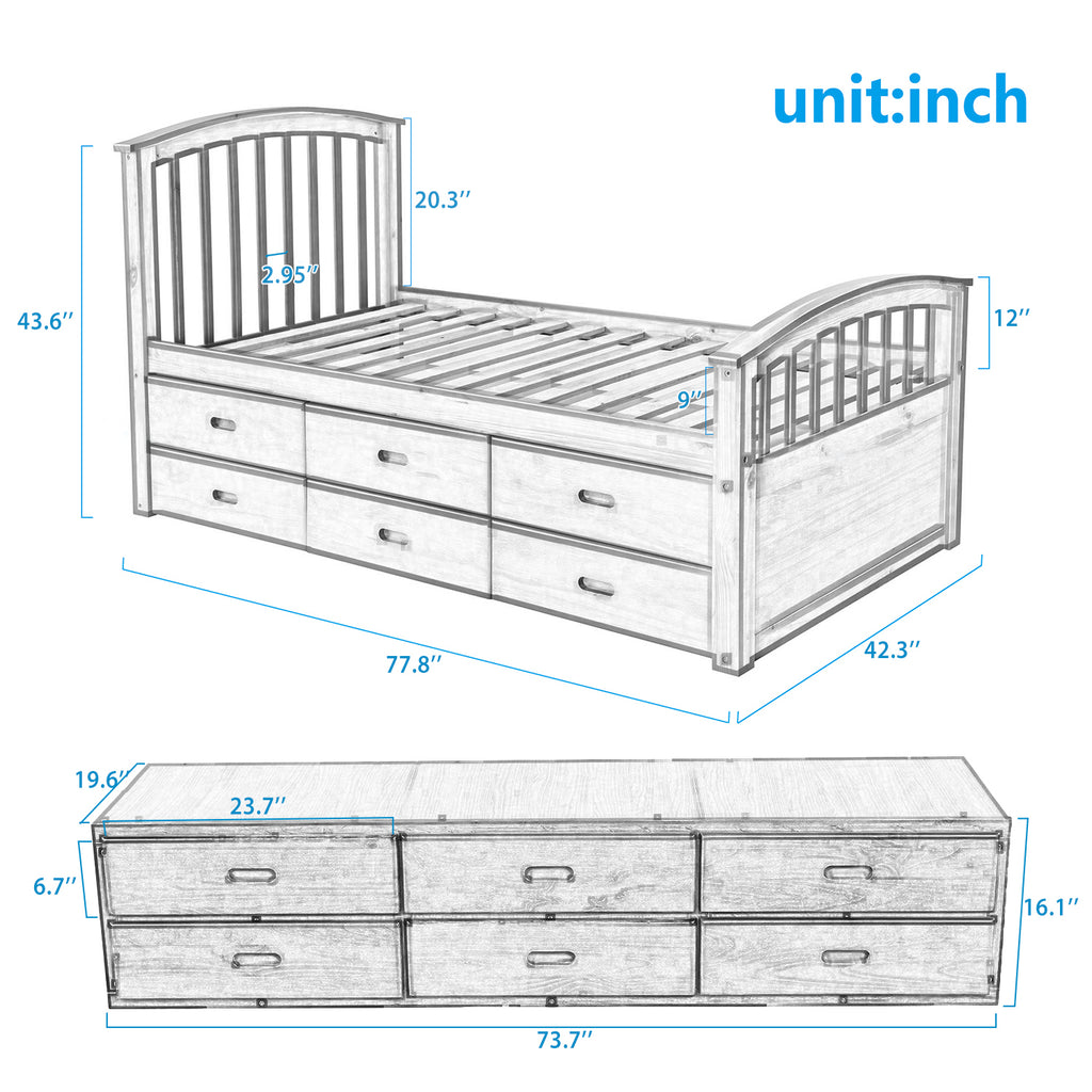 Twin size solid wood bed with storage drawers — angle view